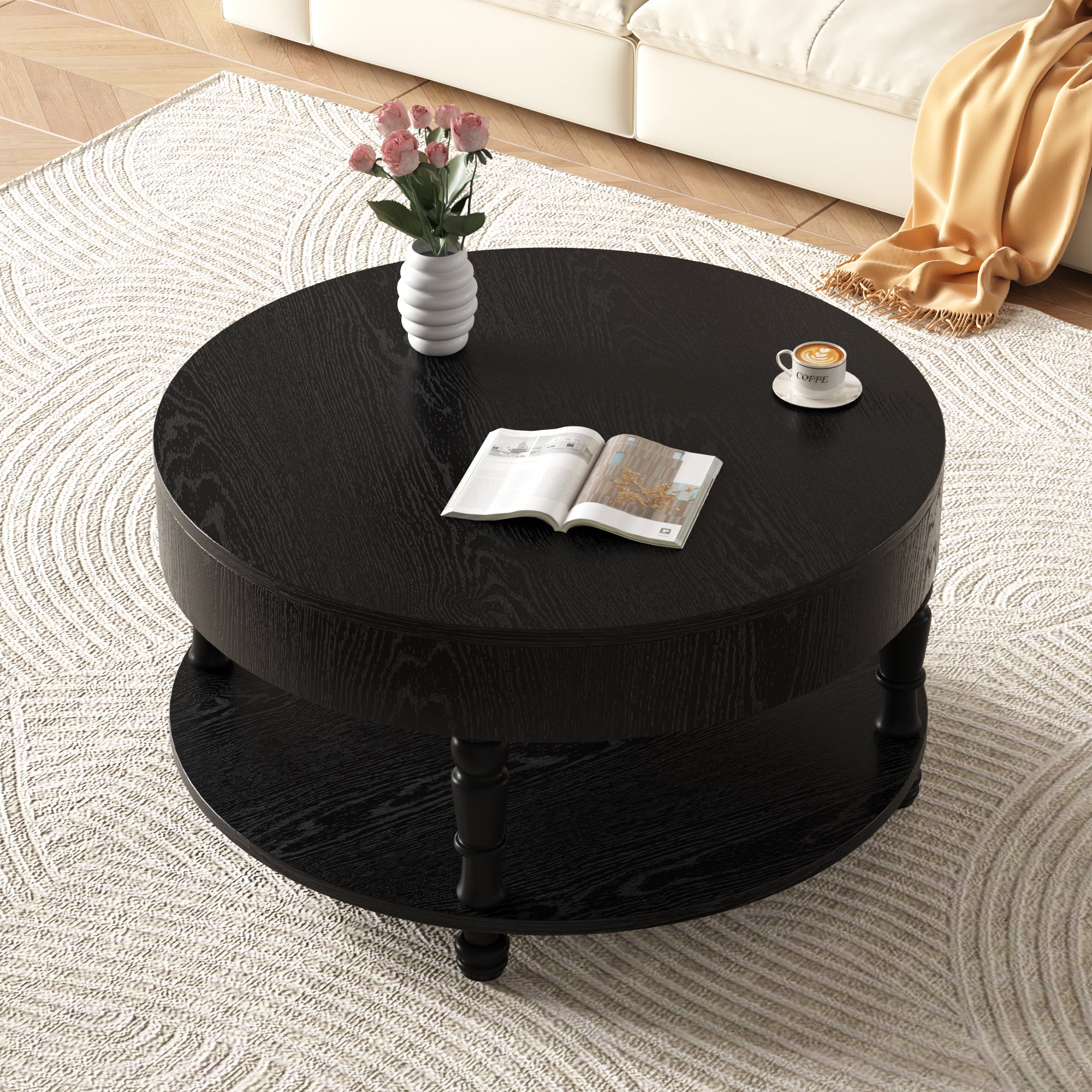 Traditional Round Coffee Table with Storage and Hidden Compartment