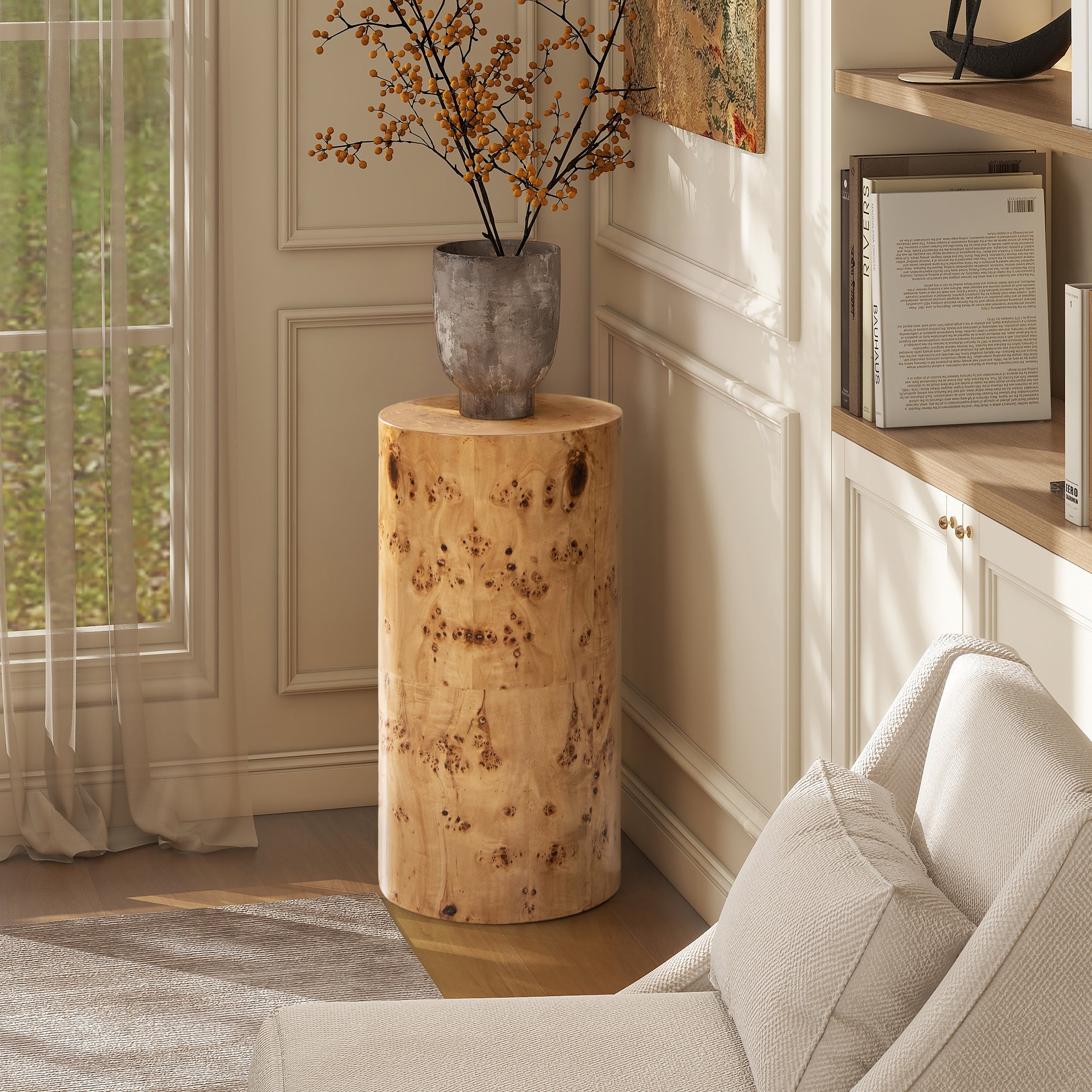 29.5" Side Table with Round Table Top and Burl Wood Frame
