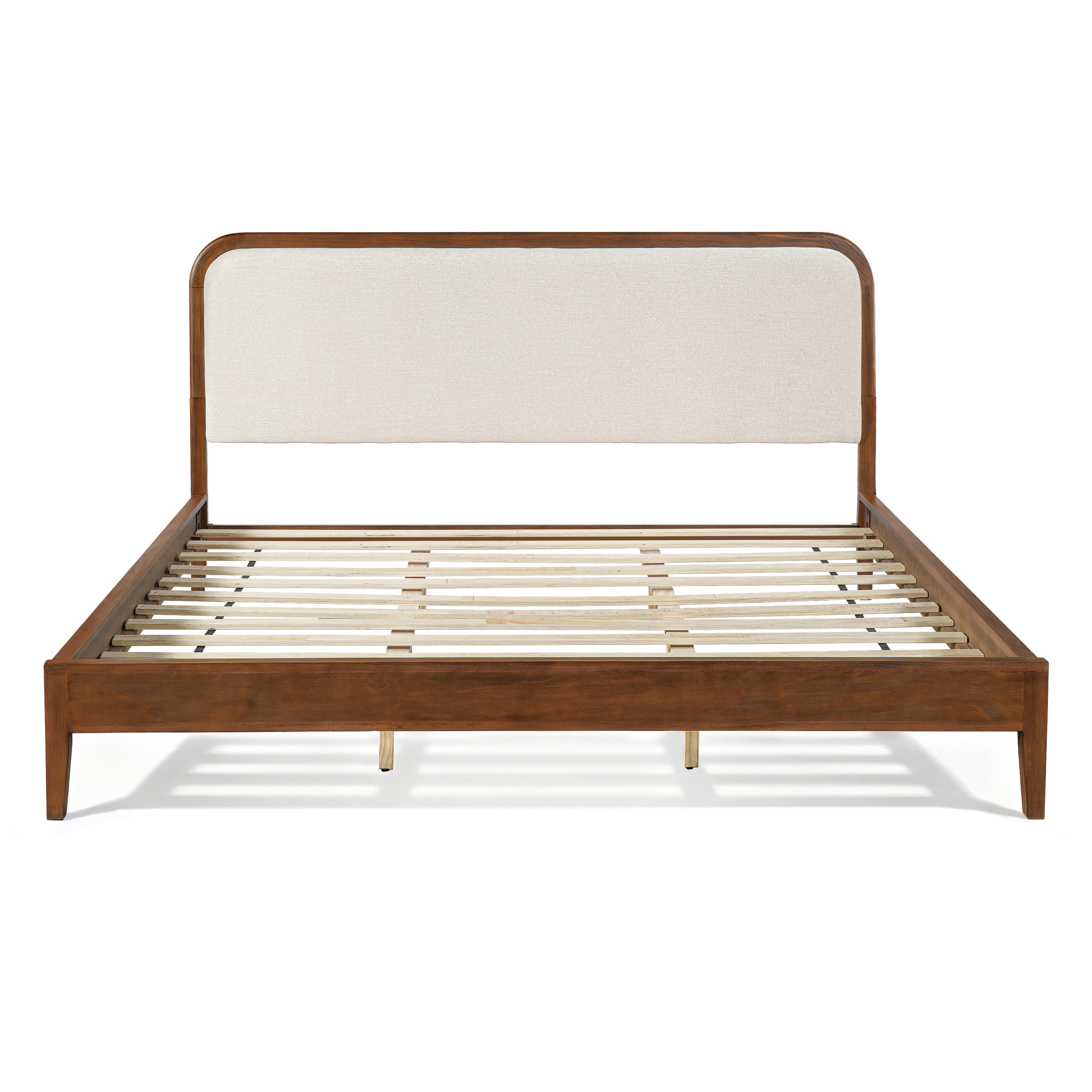 Acacia Wood Bed Frame With Beige Upholstered Headboard