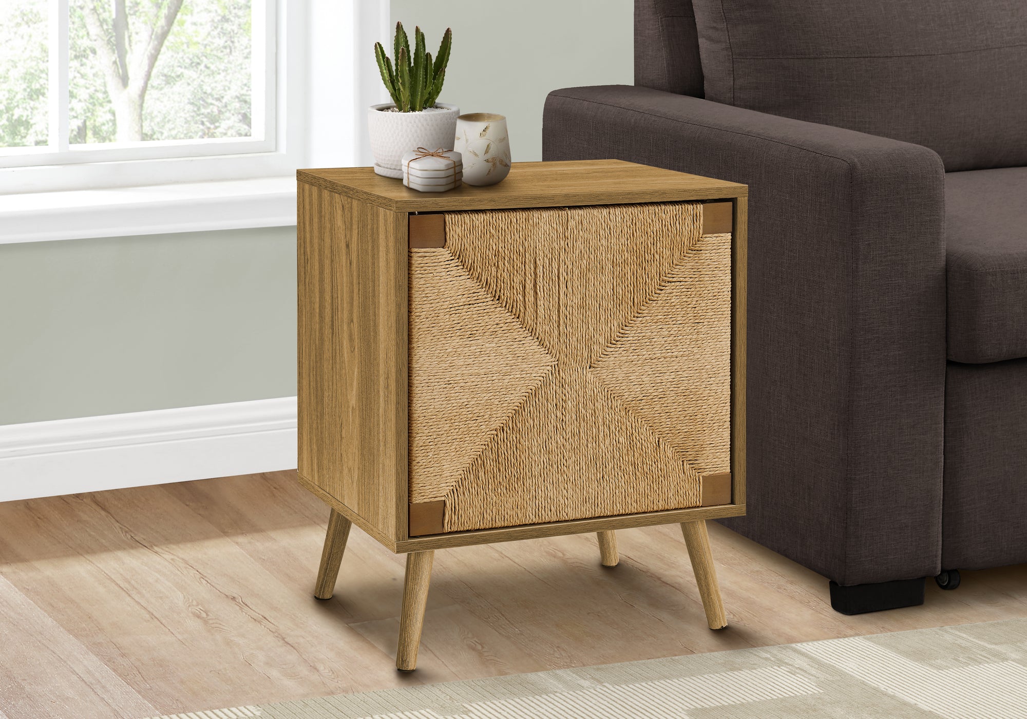 Mid Century Seagrass-Look End Table