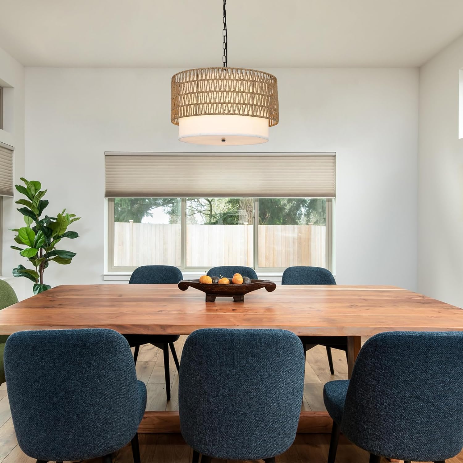 5-Light Rattan Chandelier with Fabric Shade and Adjustable Height