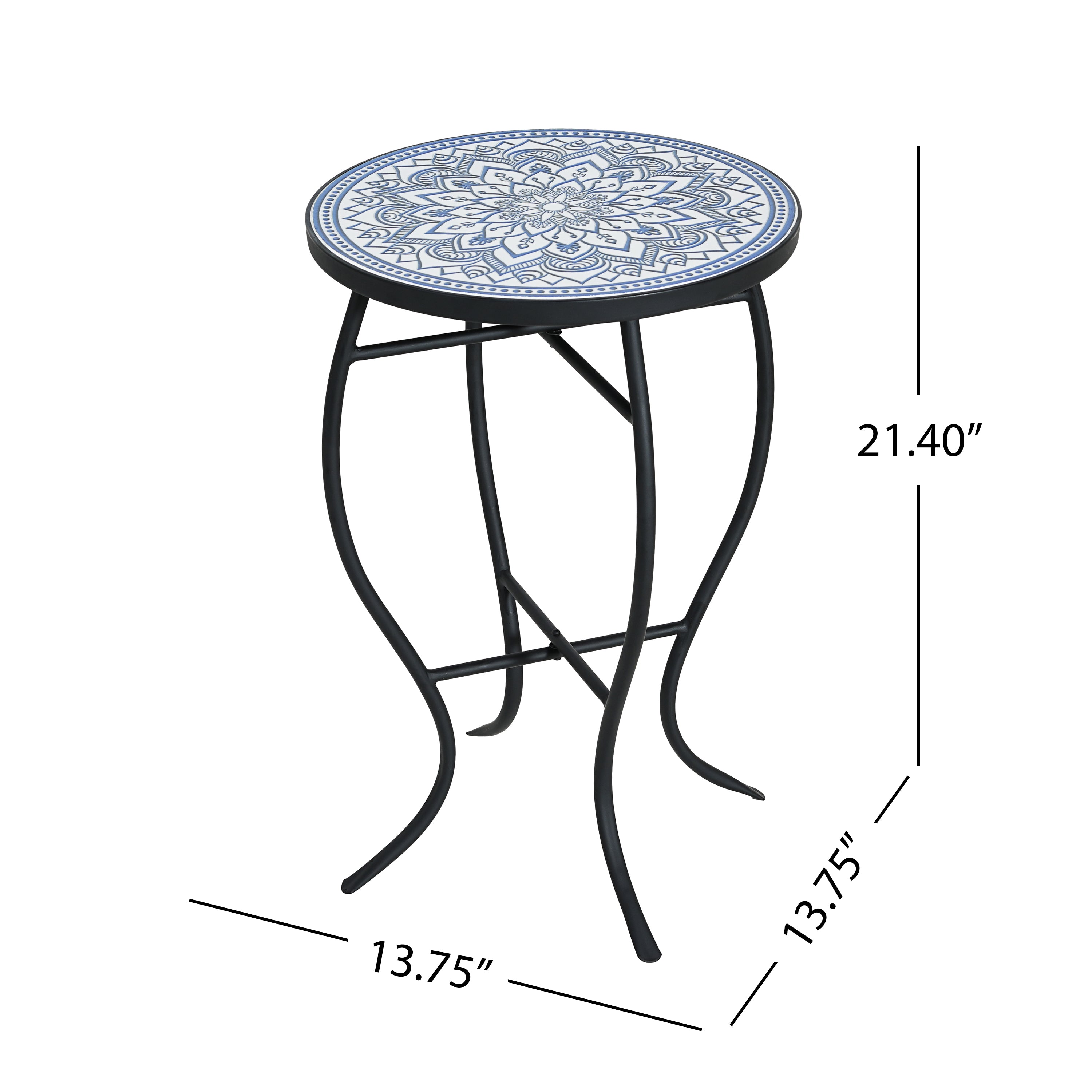 Outdoor Round Side Table with Mosaic-Style Top and Curved Iron Legs, Blue and Matte Black