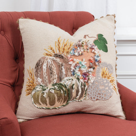 Applique And Embroidered Textured Cotton Gourds Decorative Throw Pillow