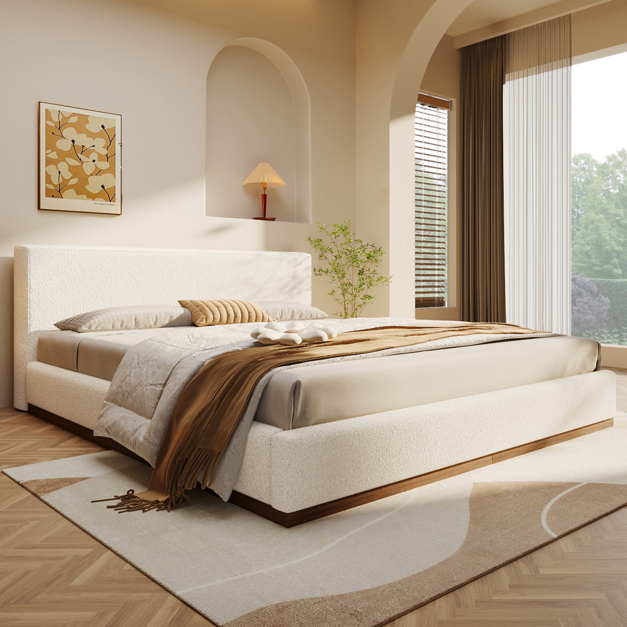 Elegant White Fabric Upholstered Bed With Nice Wood Grain Textured Solid Wood Base Frame