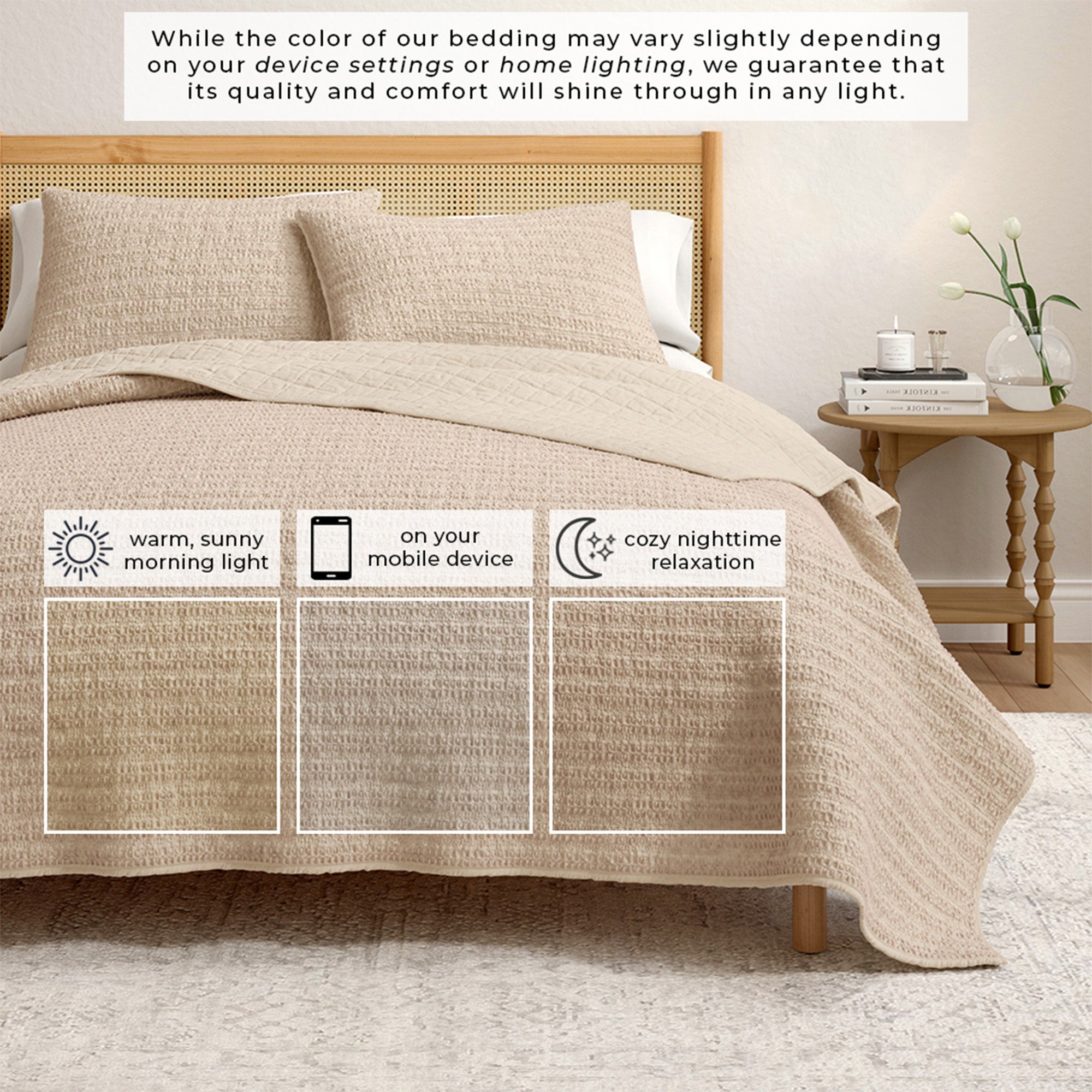 100% Cotton Garment Washed Honeycomb Waffle Quilt and Sham Set