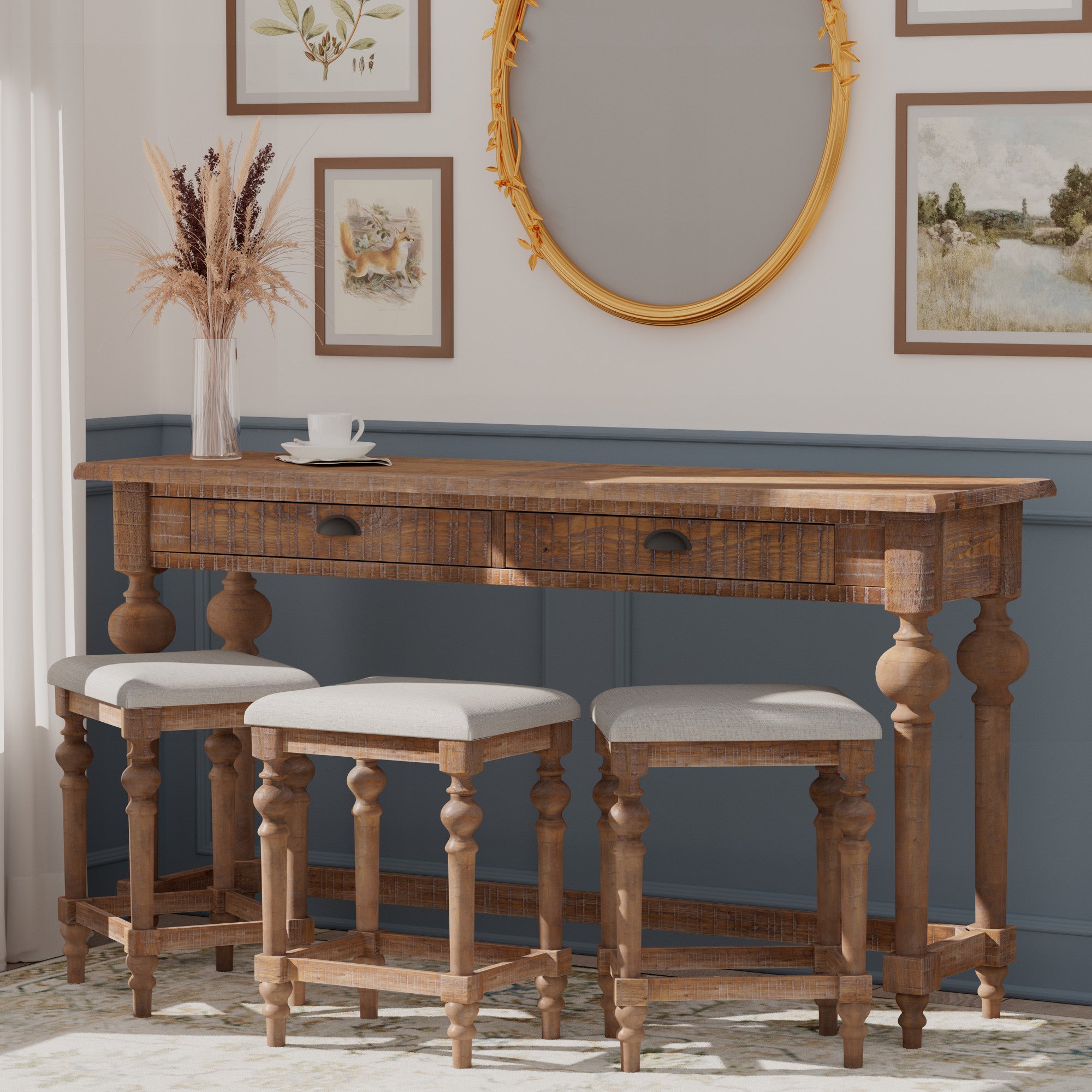 4-Piece Console Table with 3 Stools, 2 Drawers and Turned Legs - Pier 1