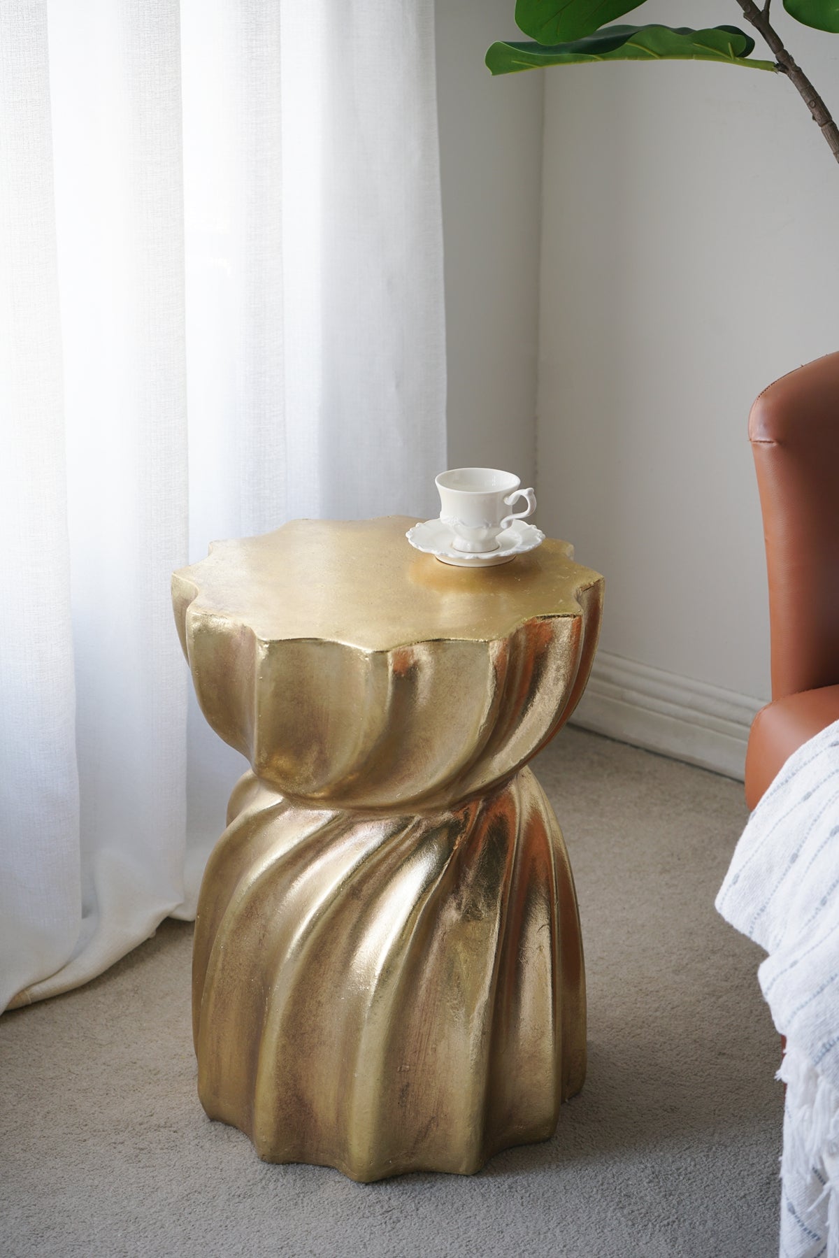 Gold Magnesium Accent Stool/Side Table with Sculptural Swirl Design