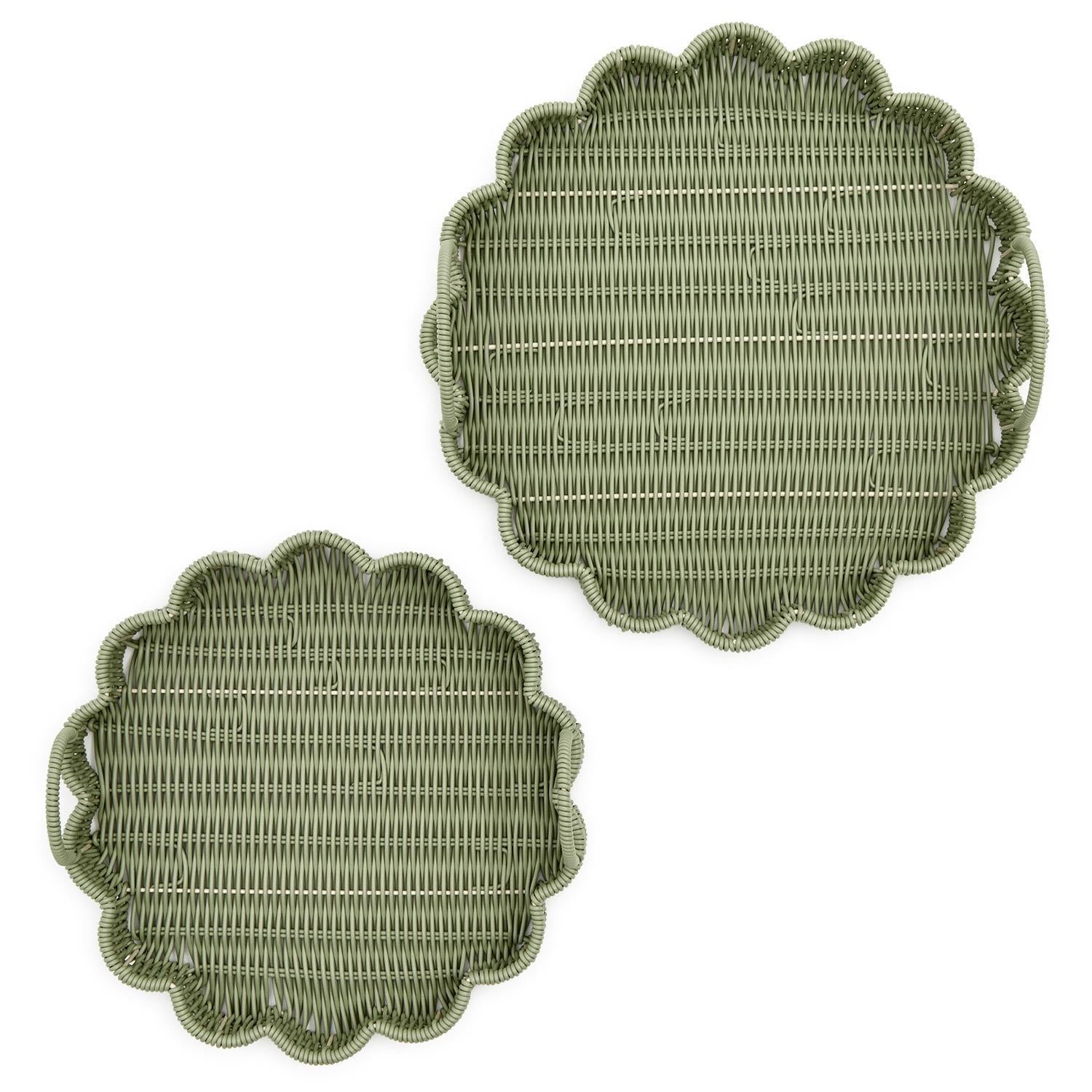 All Weather Wicker Scalloped Edge Green Round Serving Tray, Set of 2