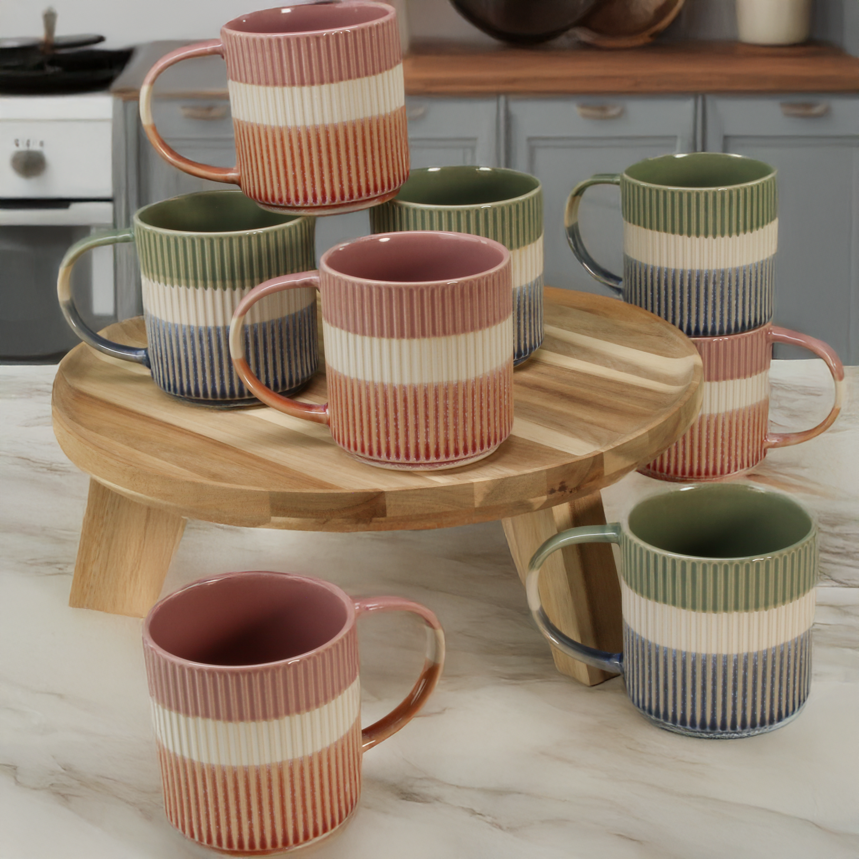 Tri-Color Mugs, Set of 8