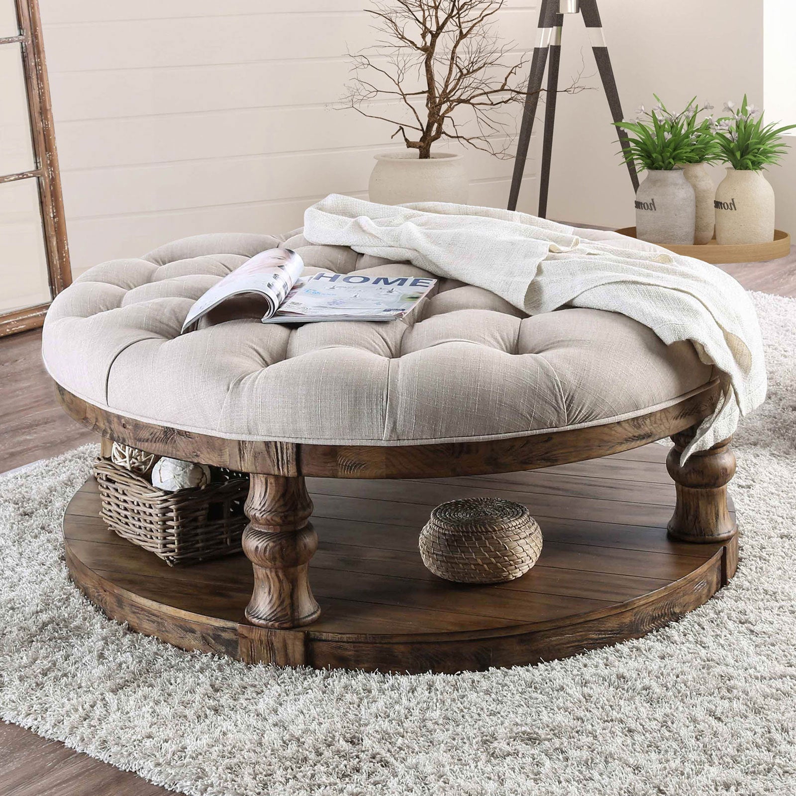 Farmhouse Round Wooden Coffee Table with Turned Legs And Open Shelf