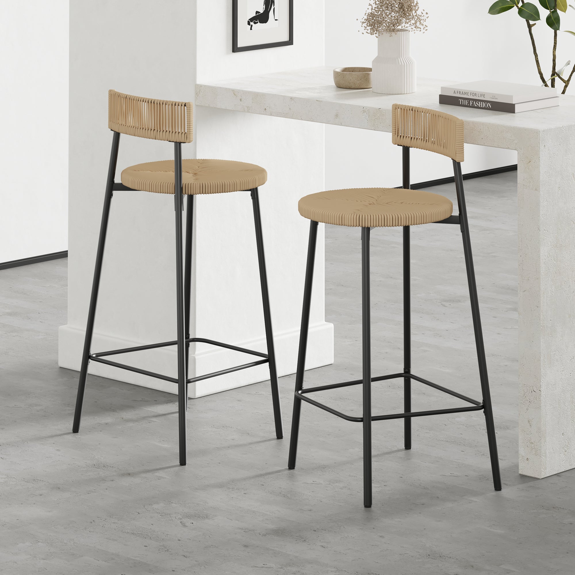Boho Handwoven Paper Rope Counter Stools, Set of 2