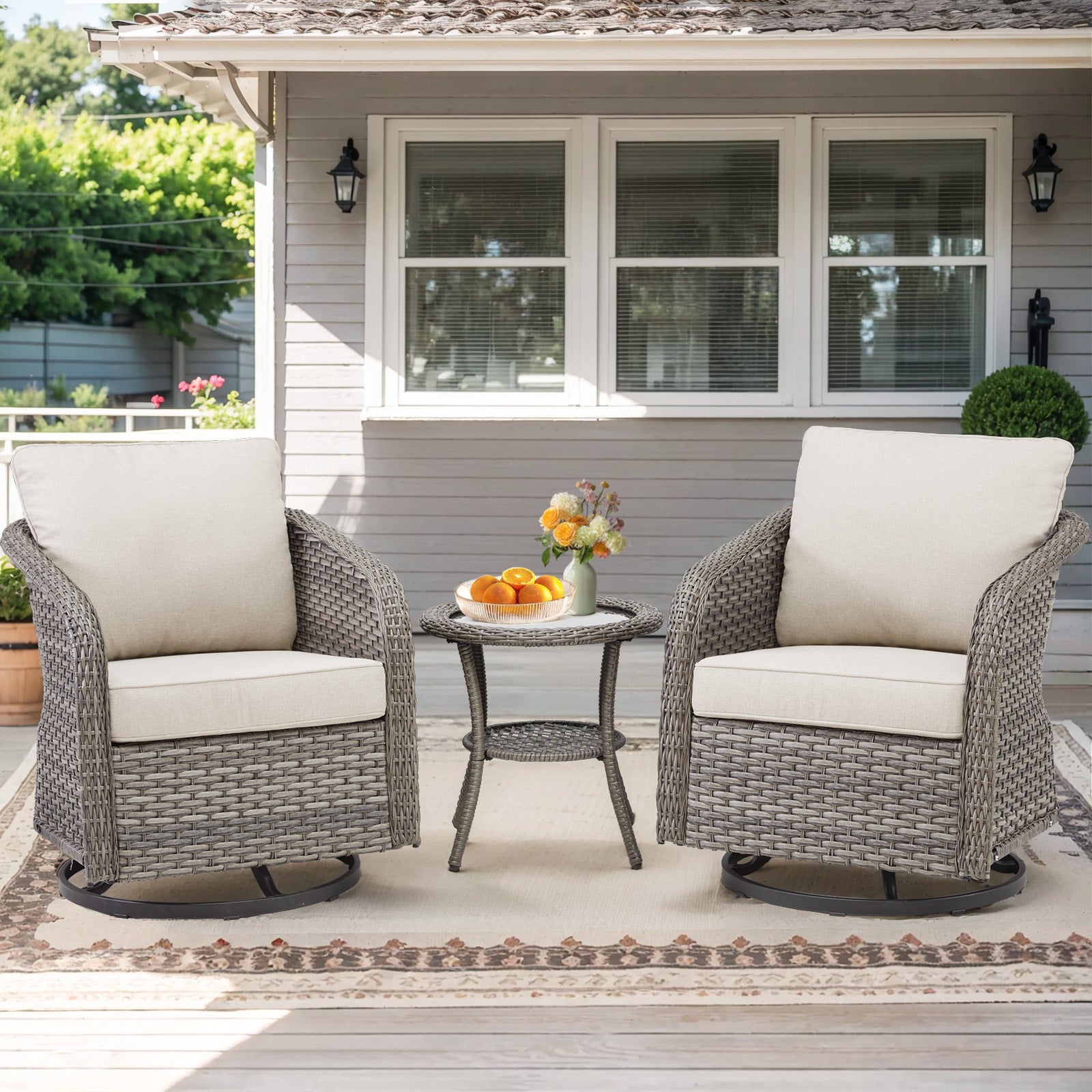 3-Piece Outdoor Swivel Rocking Chair Set with Side Table