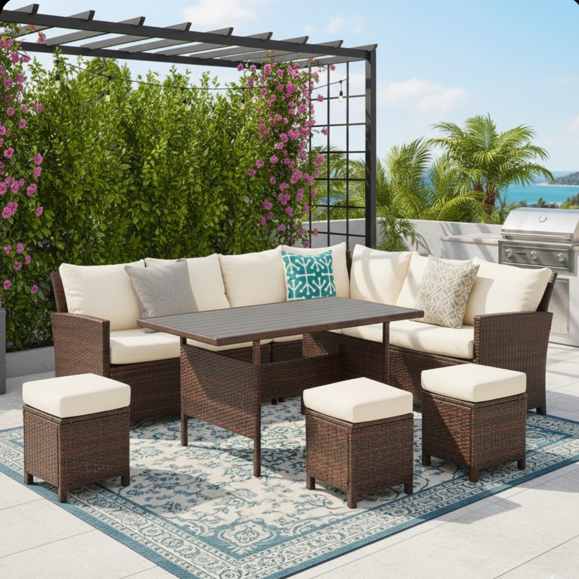 7-Piece All-Weather Wicker Patio Dining Set with Blue Cushions
