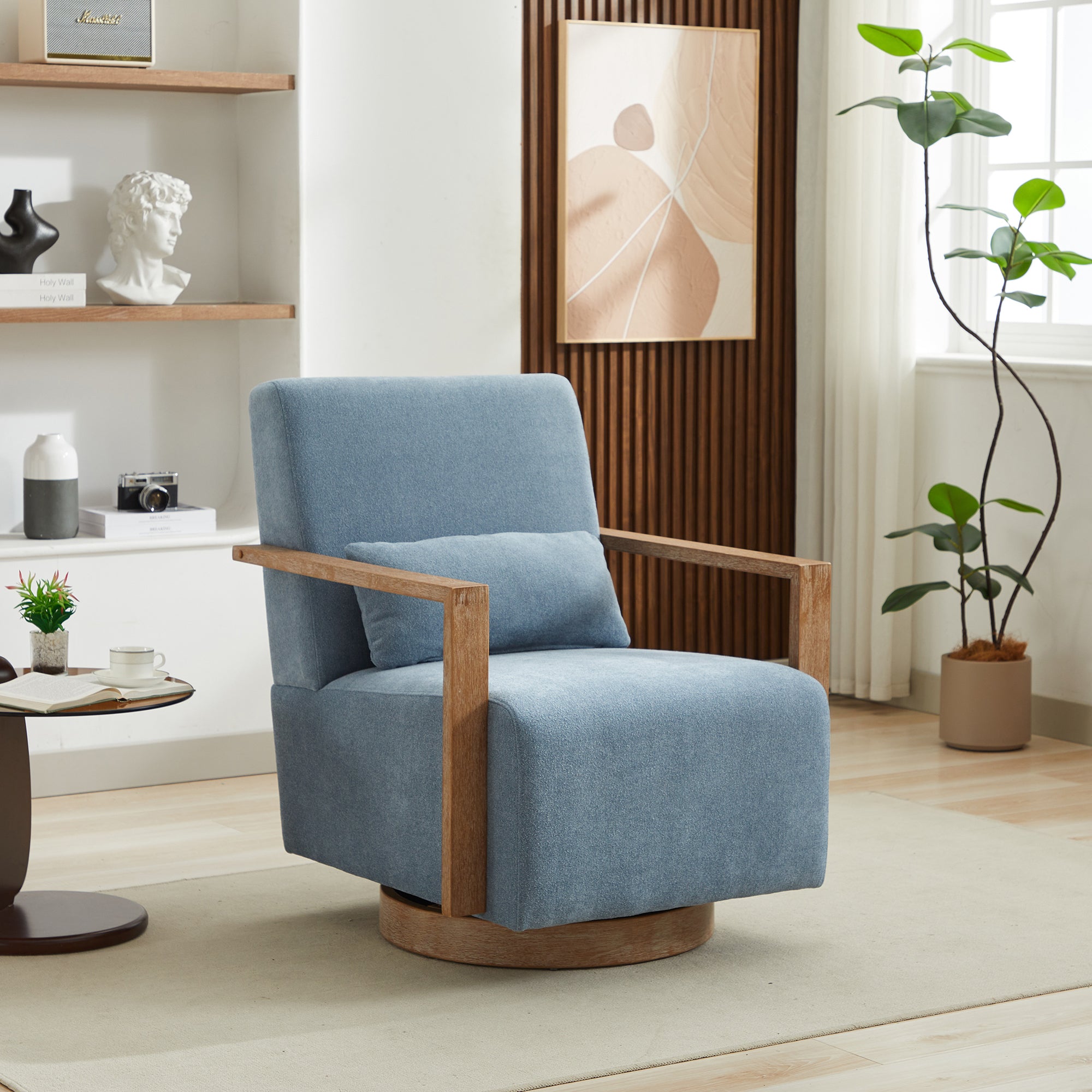 Swivel Modern Upholstered Accent Chair with Solid Wood Armrests