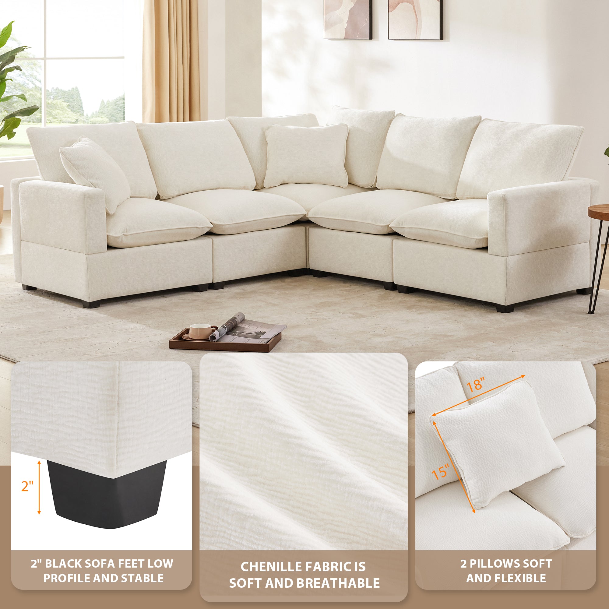 Chenille Modular L-Shape Sofa, Seats 5