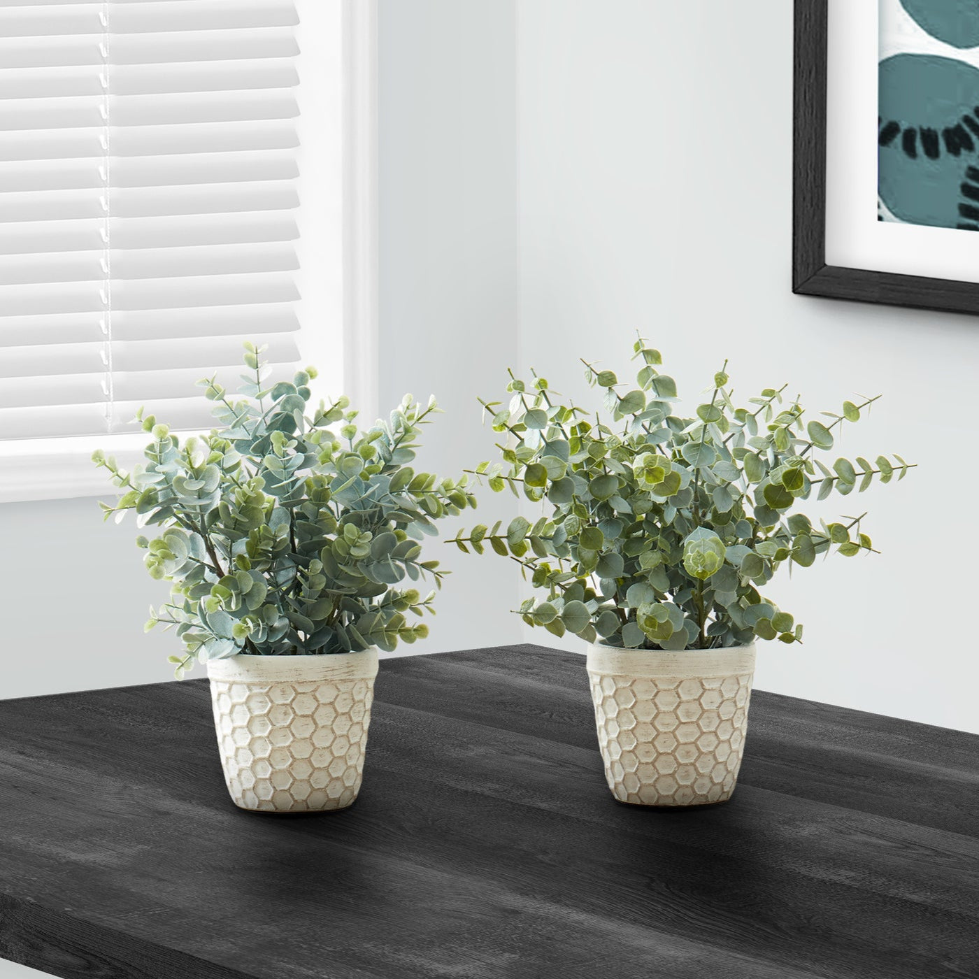 13" Tall Artificial Eucalyptus Grass Plant with White Pots, Set of 2