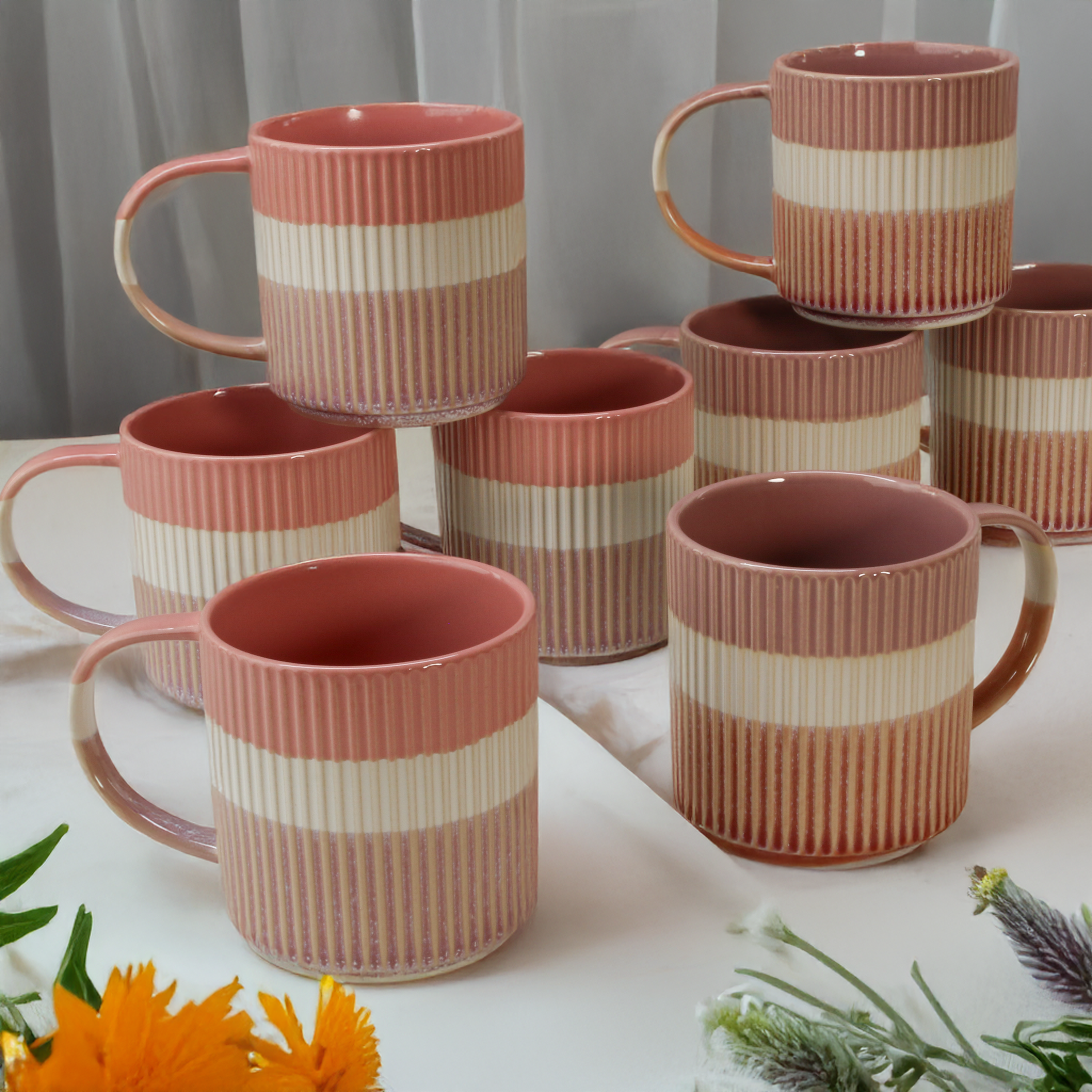 Tri-Color Mugs, Set of 8