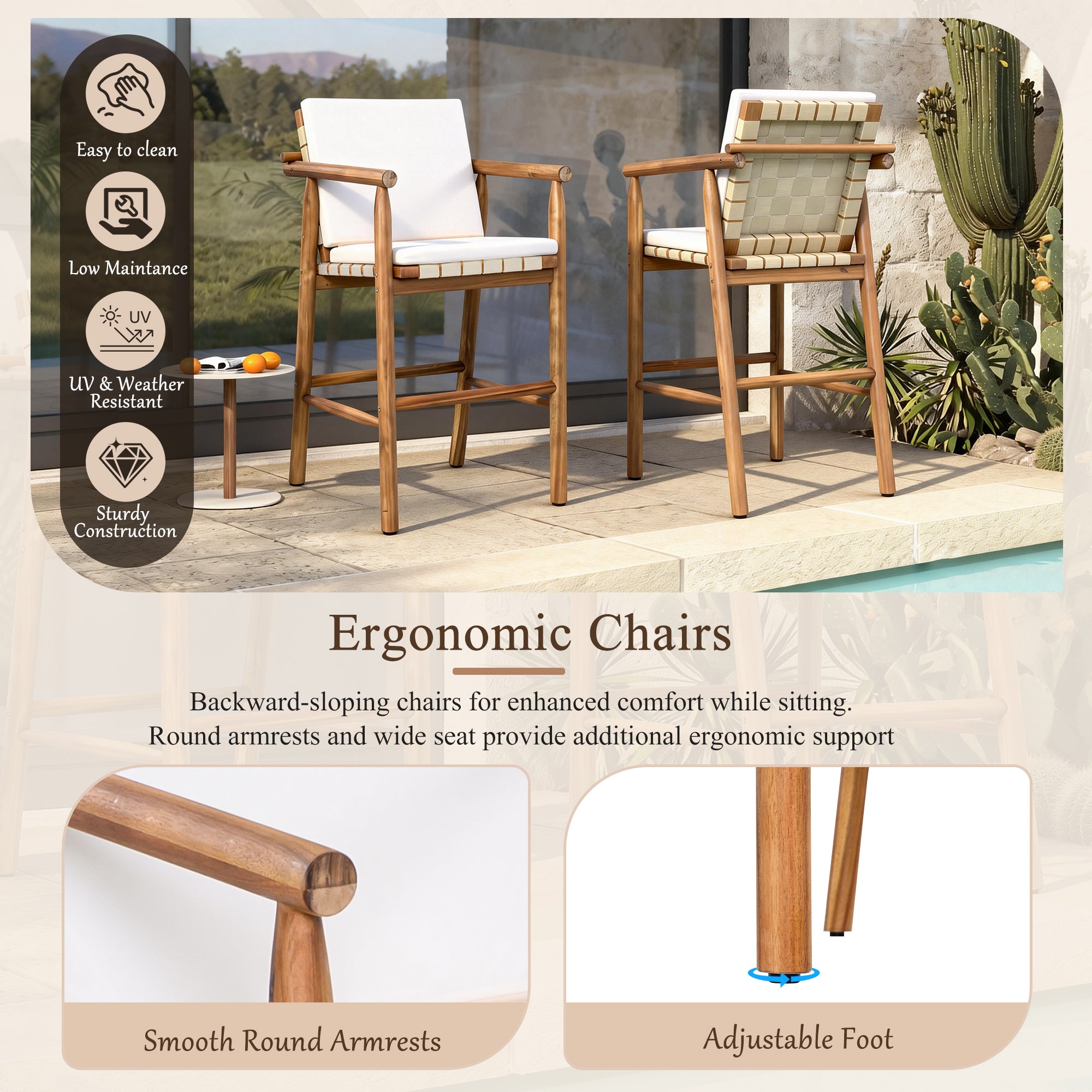 3 Piece Outdoor Bar Set with Acacia Wood Bar Height Table & 2 Stools with Cushions