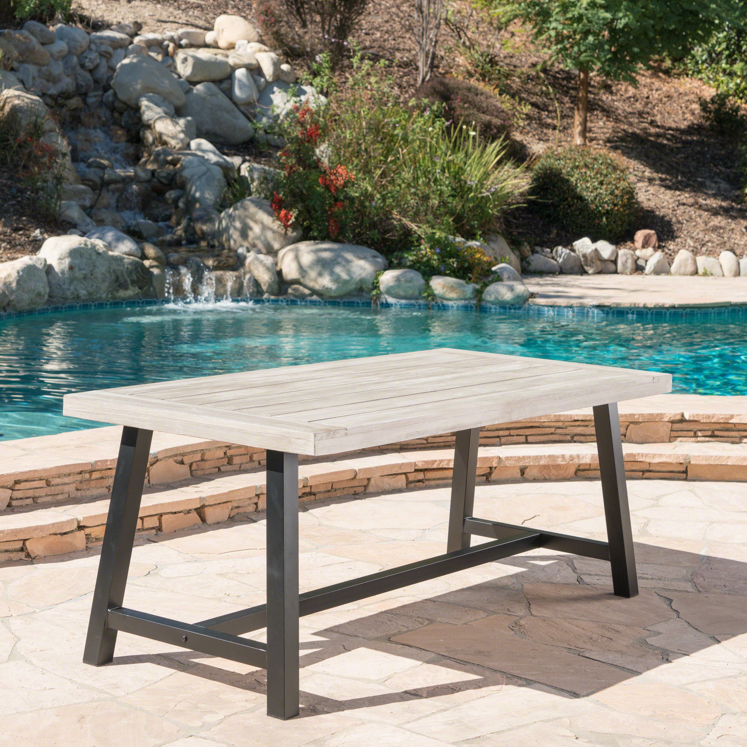 Outdoor Dark Brown Sandblast Finish Acacia Wood Dining Table with White Rustic Metal Frame, Weather Resistant