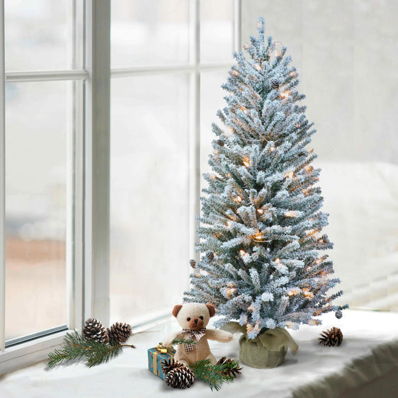 Pre-lit 4 ft Flocked Artificial Christmas Tree with Pinecones, Clear Lights & Burlap Sack Base
