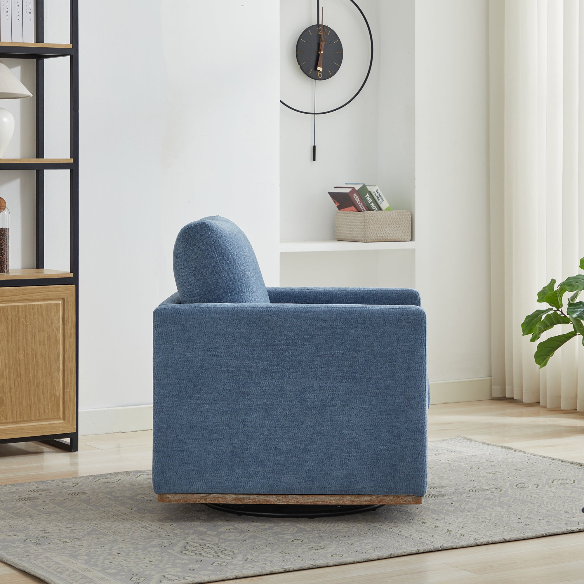 Upholstered Swivel Chair with Square Arms and Metal Base