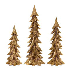 Carved Stone Pine Tree Décor with Gold Finish (Set of 3)