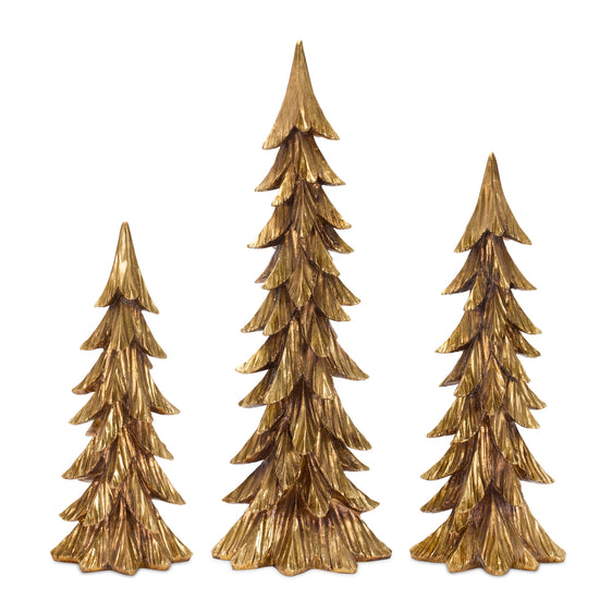 Carved Stone Pine Tree Décor with Gold Finish, Set of 3
