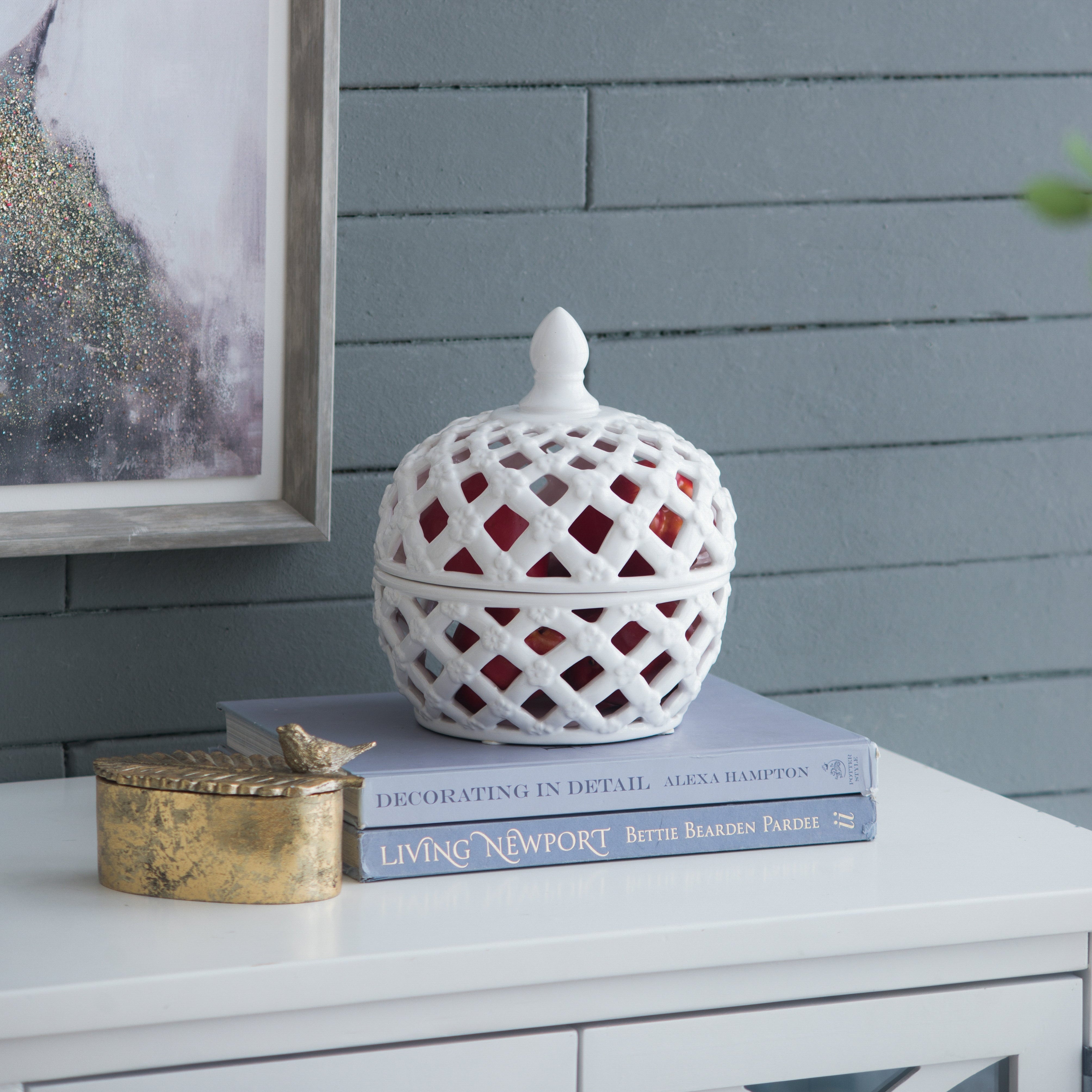 Brackets Ceramic Lidded Jar with Lattice Design and Tiny Flower Pattern - Thumbnail 5