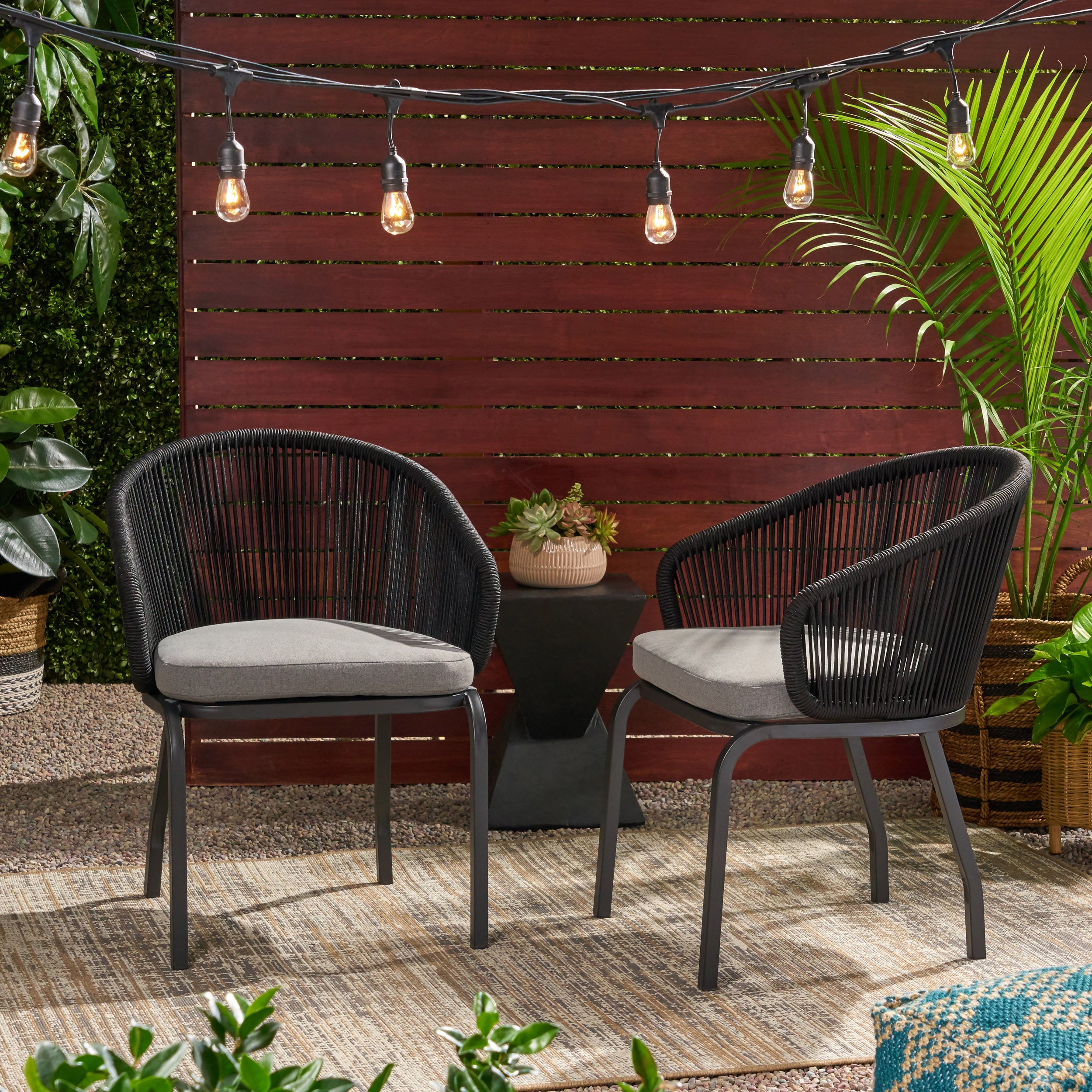 Outdoor Accent Chair with Rope Weave and Metal Frame, Set of 2