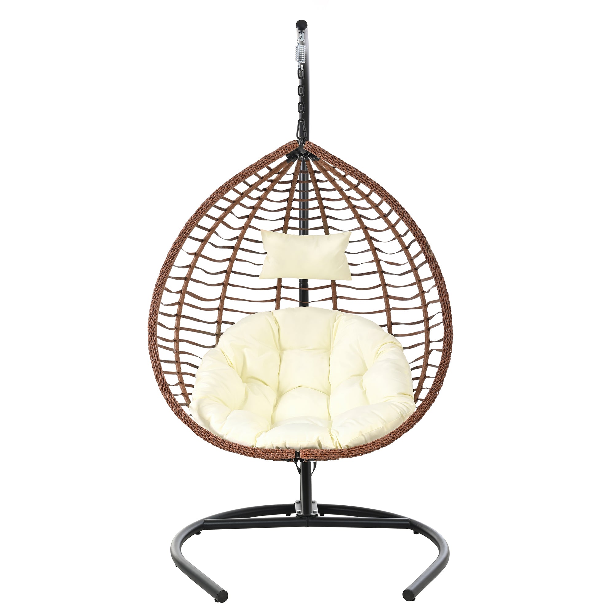 Foldable Rattan Egg Swing Chair with Iron Frame, Plush Cushion & Removable Headrest