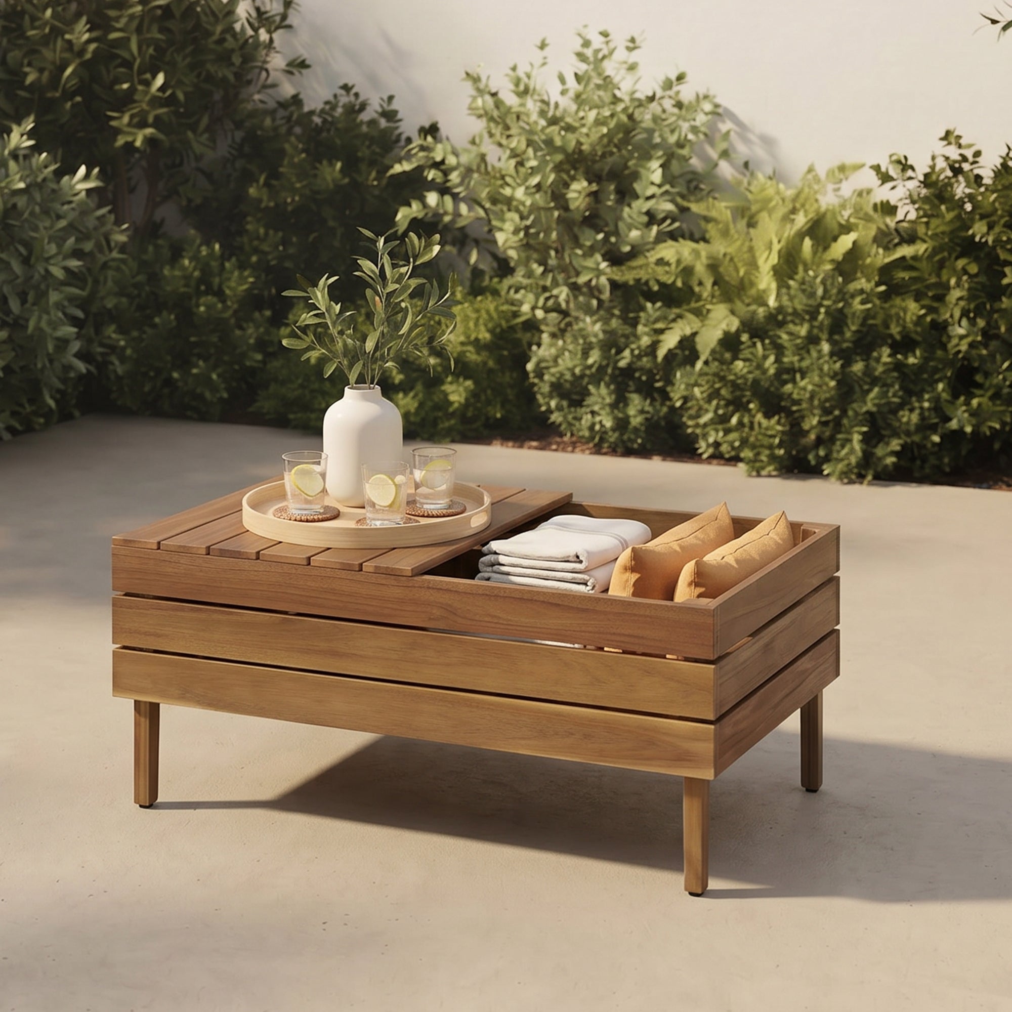 8-Piece Acacia Wood Outdoor Patio Sofa Set, Modular Sectional Furniture Set With Storage Tea Table, Coffee Table And Cushions