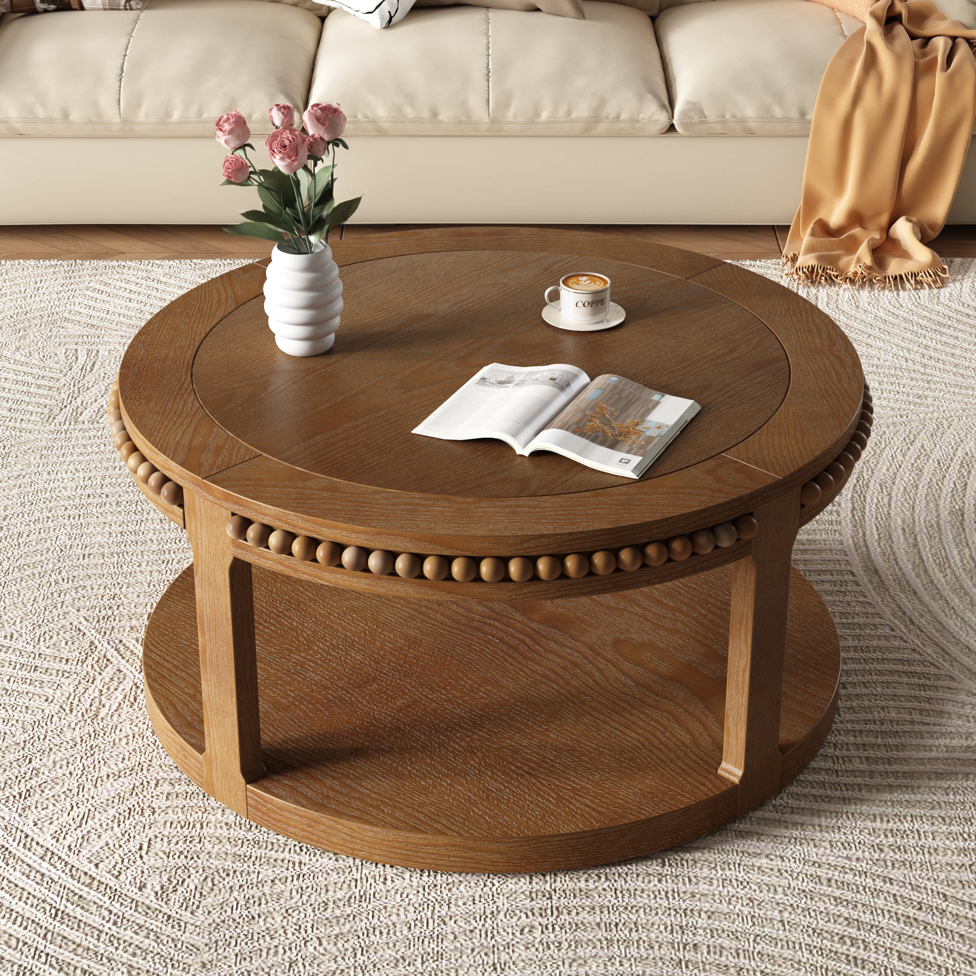 Round Solid Wood Coffee Table with Beaded Accent Edge