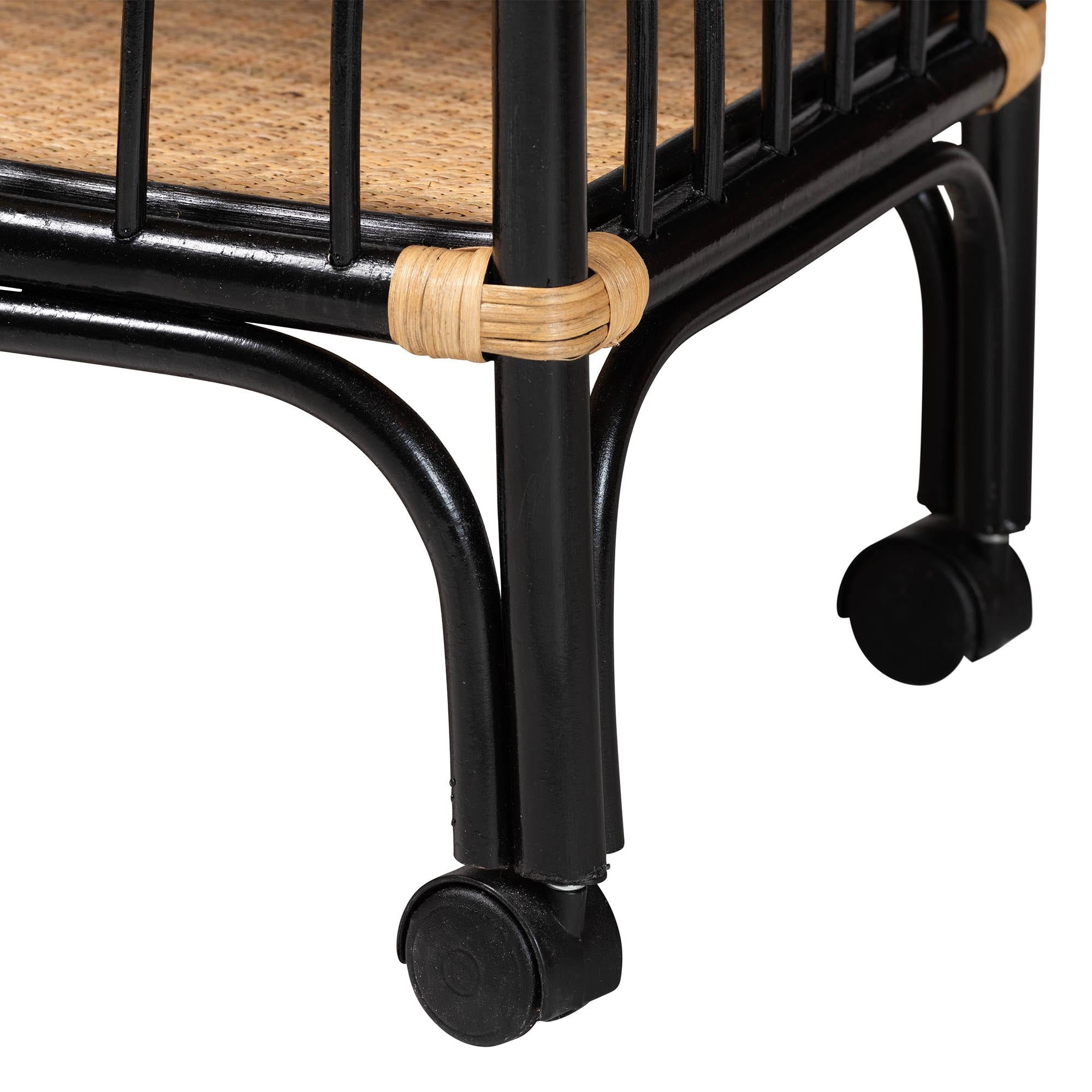 Bohemian Two-Tone Black and Natural Brown Rattan 2-Tier Bar Cart