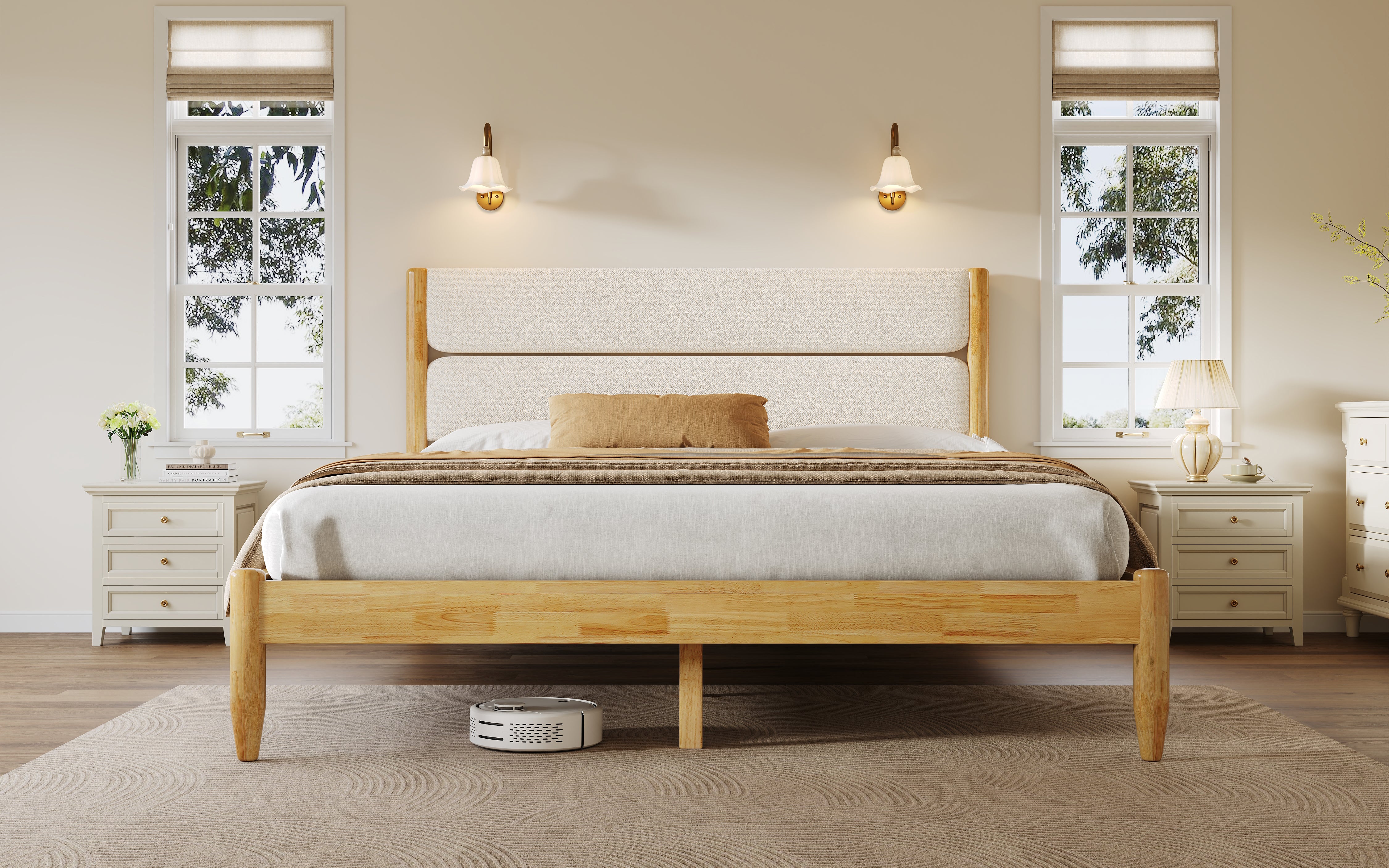 Solid Wood Bed Frame With Fleece Upholstered Headboard