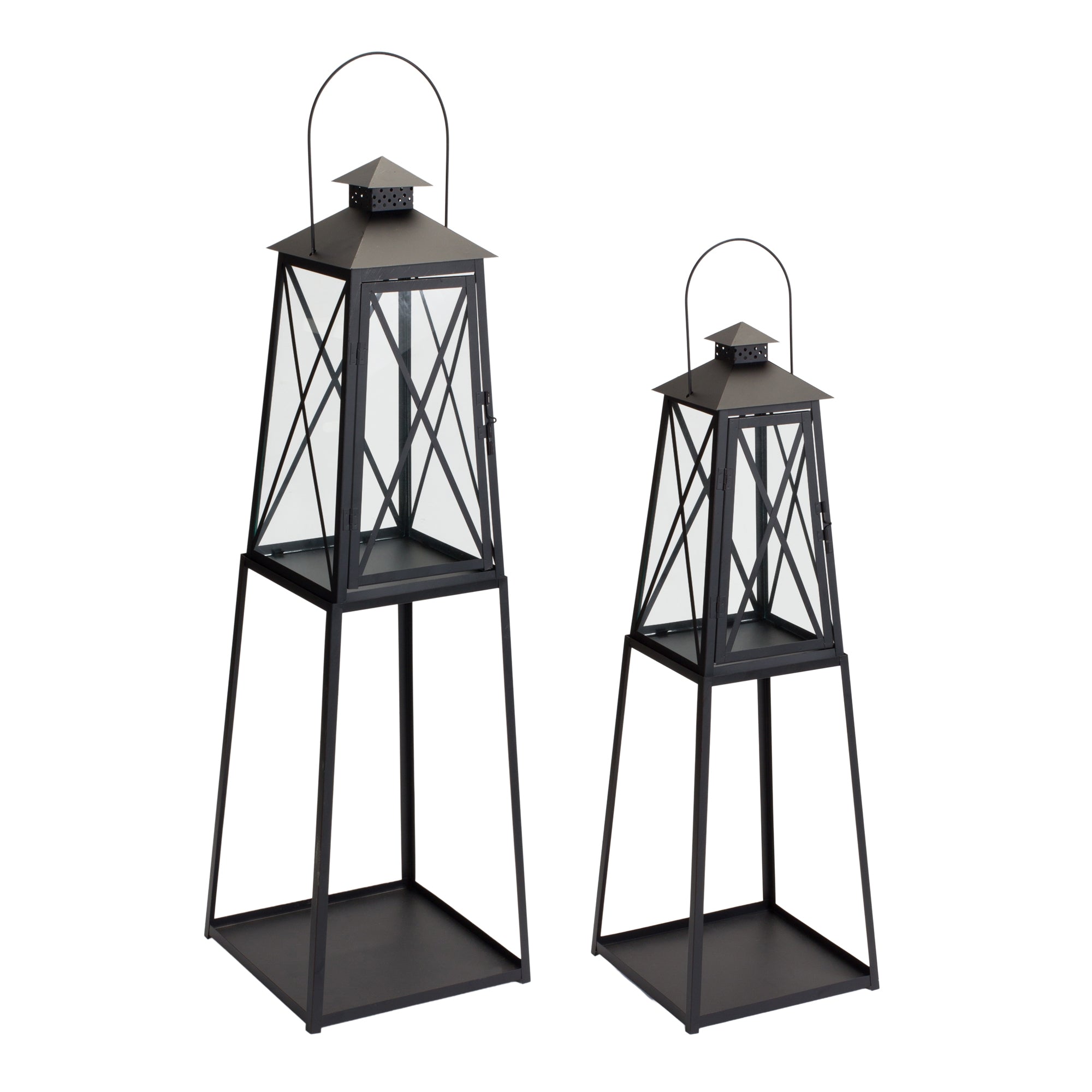 Traditional-Metal-Lantern-with-Tapered-Stand-(Set-of-2)-Lanterns