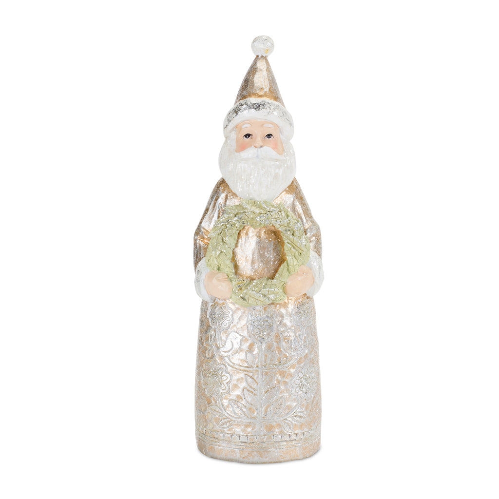 Gold Floral Pattern Santa Figurine with Pine Accent (Set of 2)