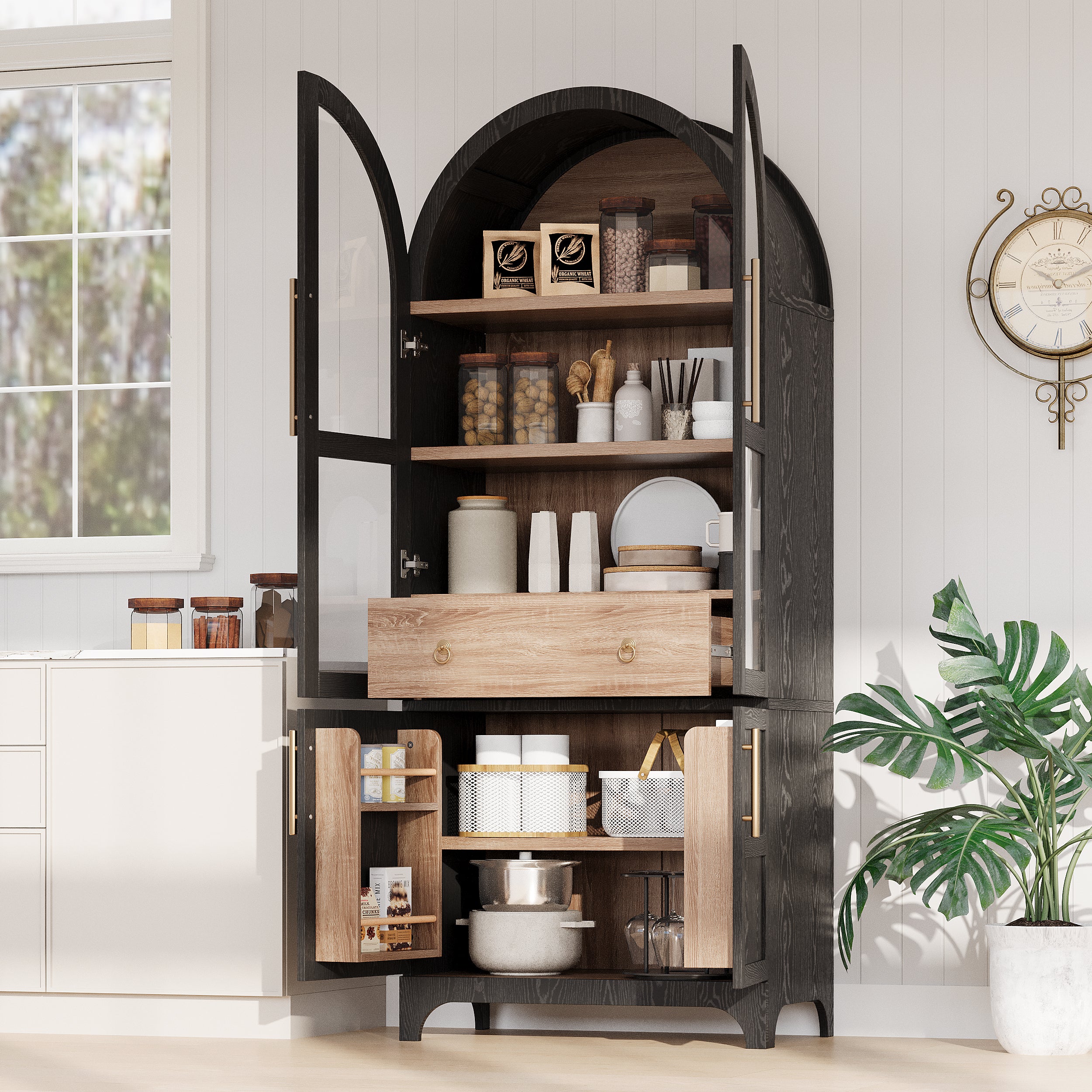Farmhouse Kitchen Storage Cabinet with Open & Adjustable Shelves