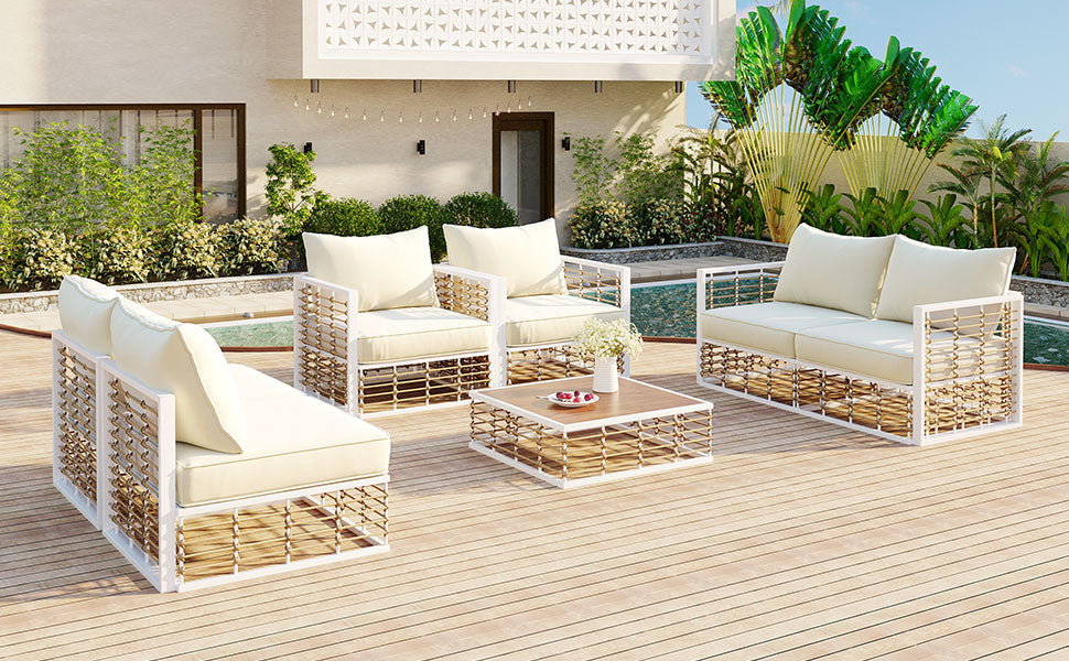 Modern Minimalist 7-Piece Metal All-Weather Conversational Furniture Set with Thick Cushions and Coffee Table