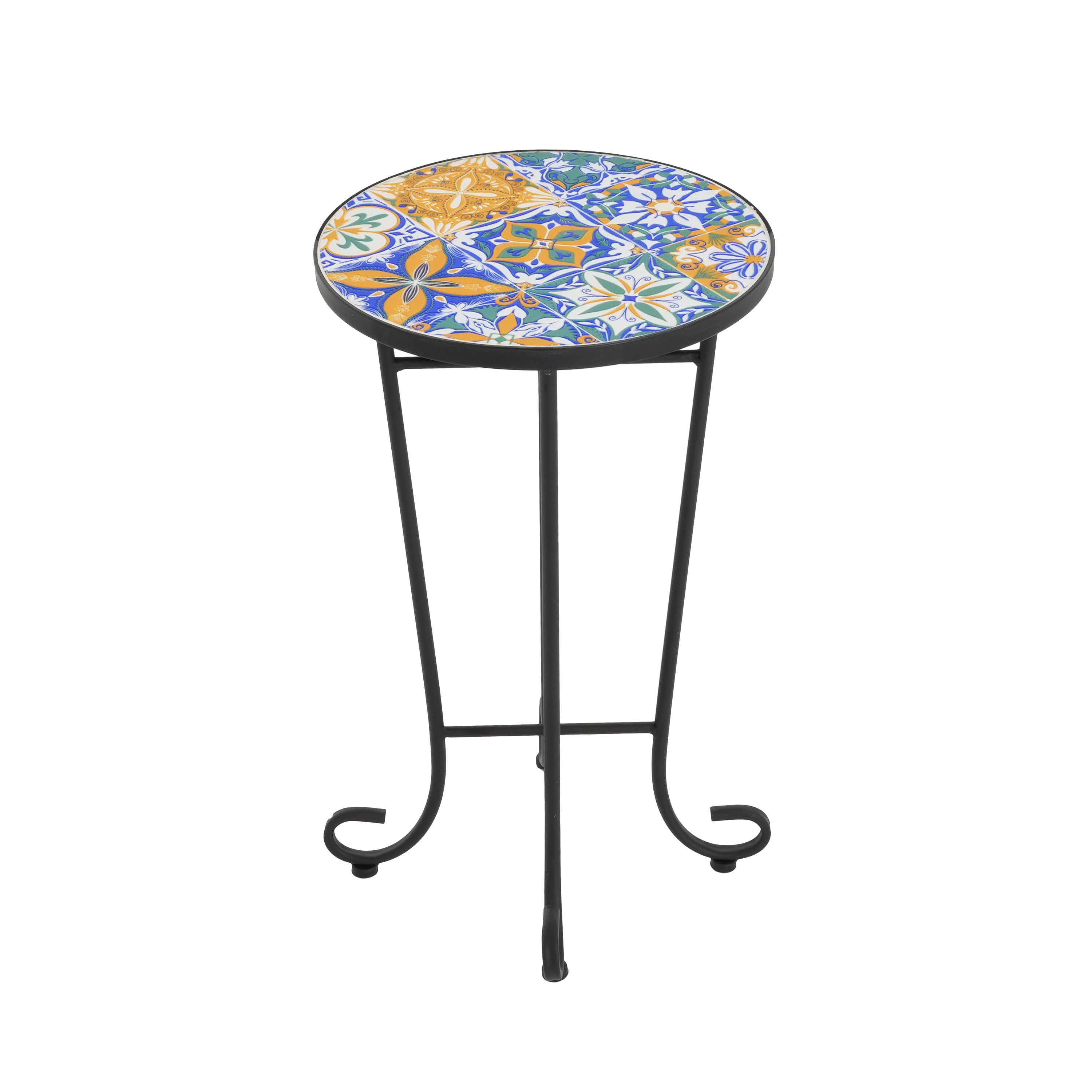 Warmthly Outdoor Round Side Table with Vibrant Tile Top and Elegant Scrolling Legs
