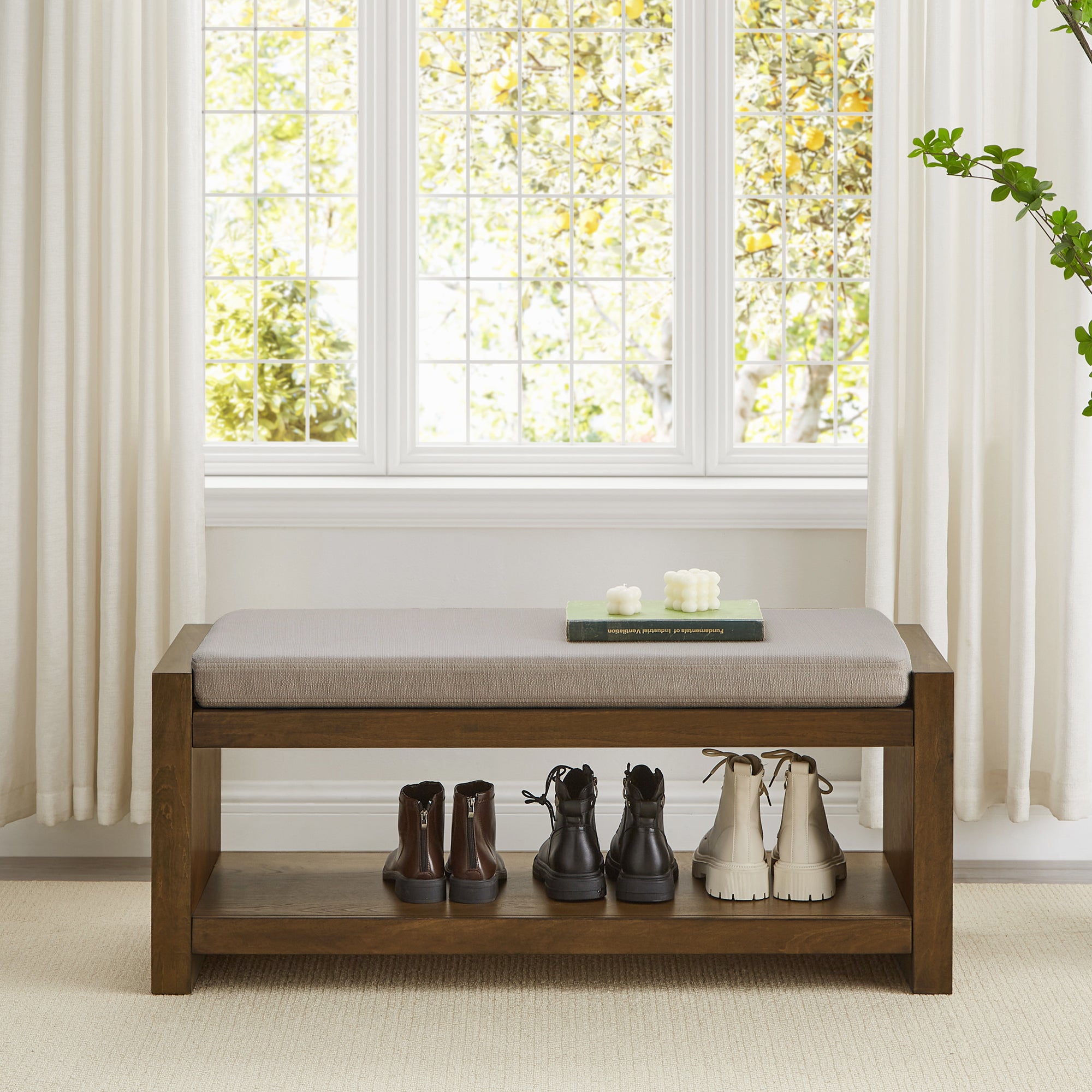 Accent Bench with Lower Shelf Shoe Rack and Padded Seating