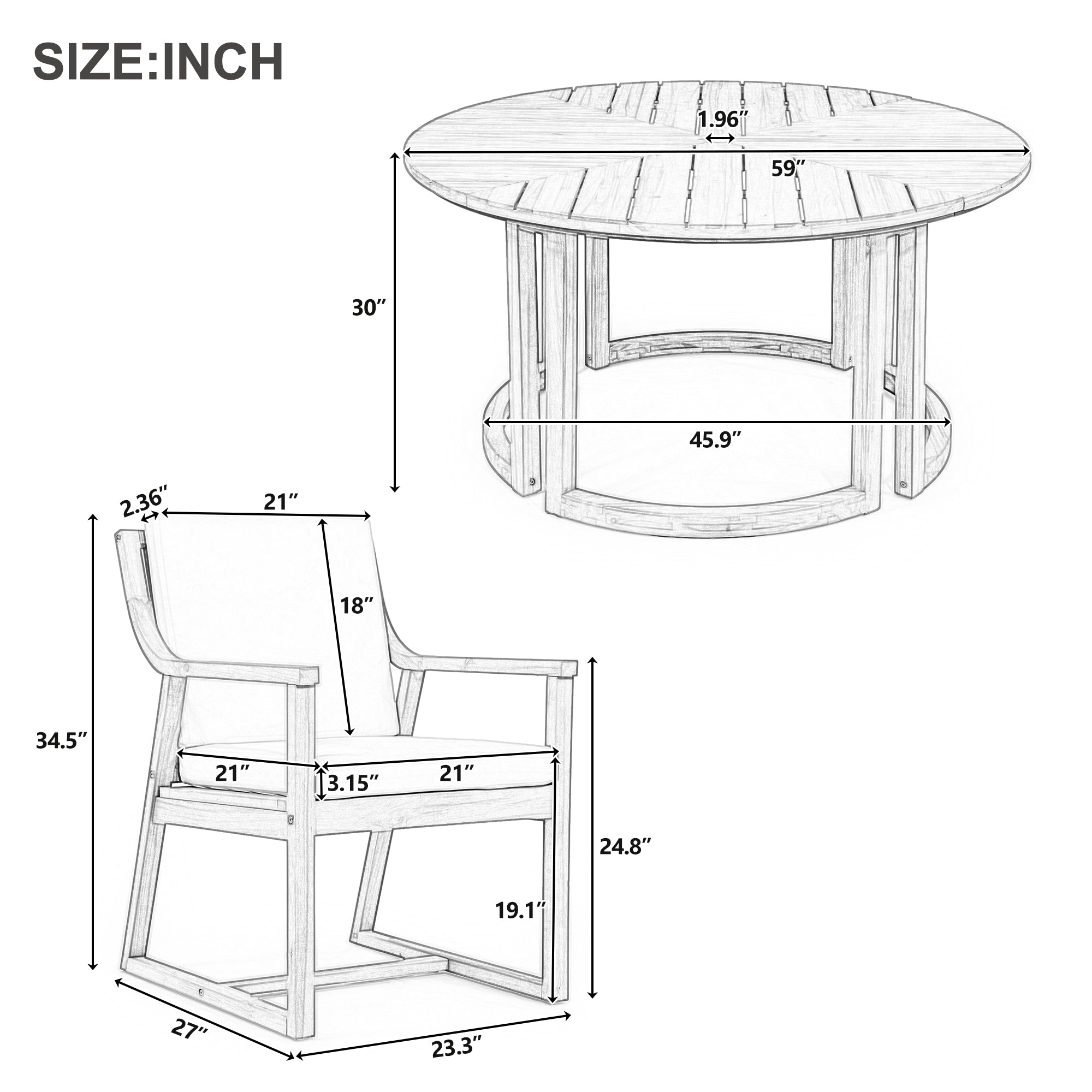 TREXM Patio Dining Table Set for 6, Round Dining Table with 1.96" Umbrella Hole, Outdoor Wooden Patio Furniture Set with Removable Cushions for Garden, Backyard and Pools (Light Teak+Beige Cushion)