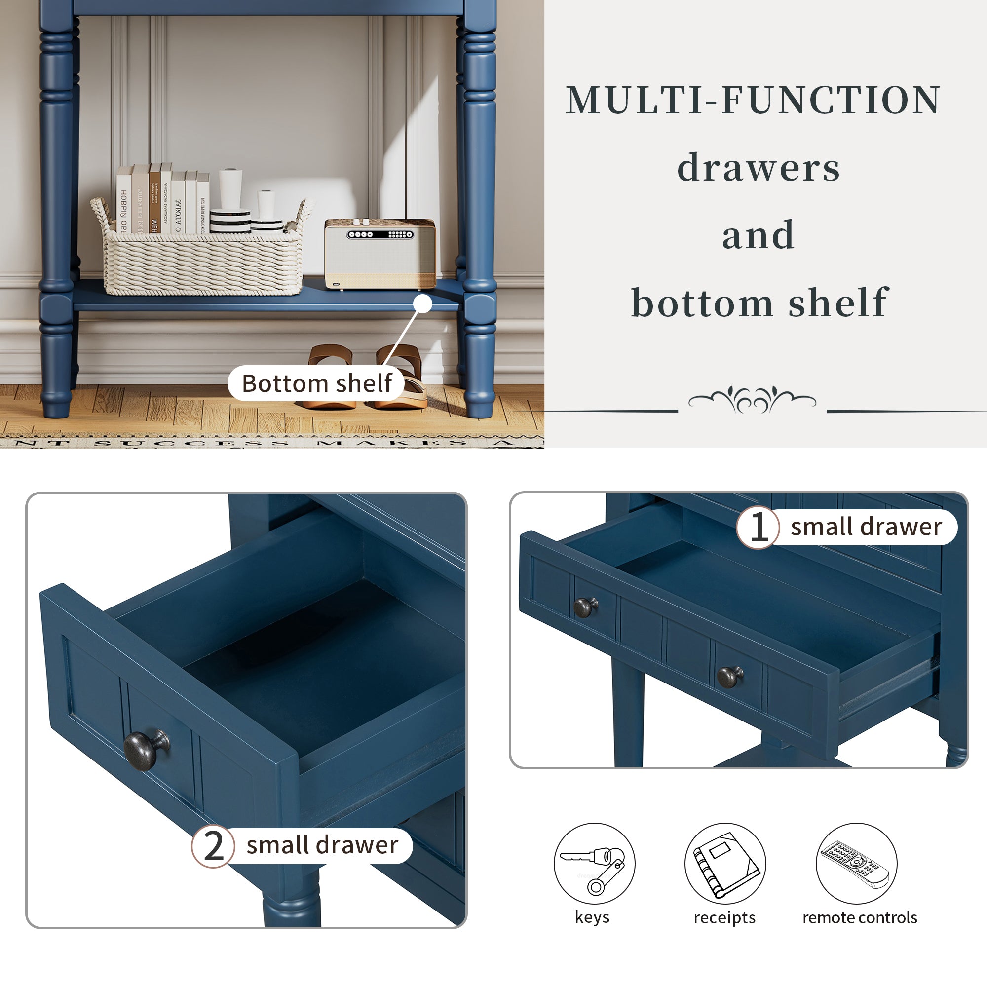 Conquest Narrow Console Table with 3 Drawers and Bottom Shelf