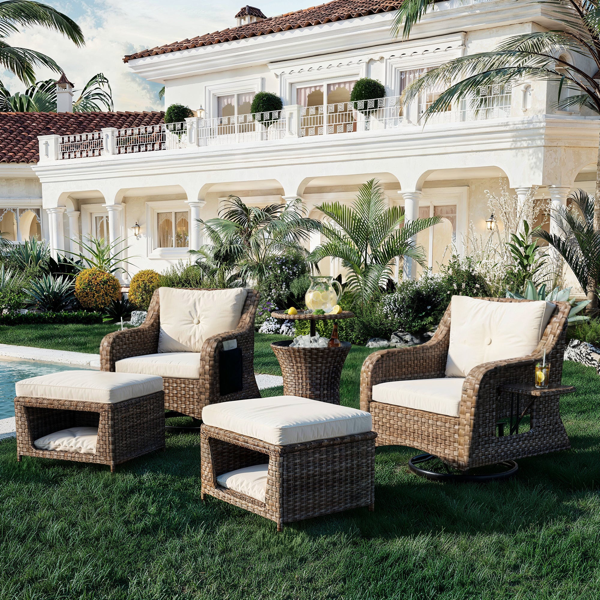5-Piece Patio Set with Bar Table, 2 Swivel Chair and 2 Ottomans