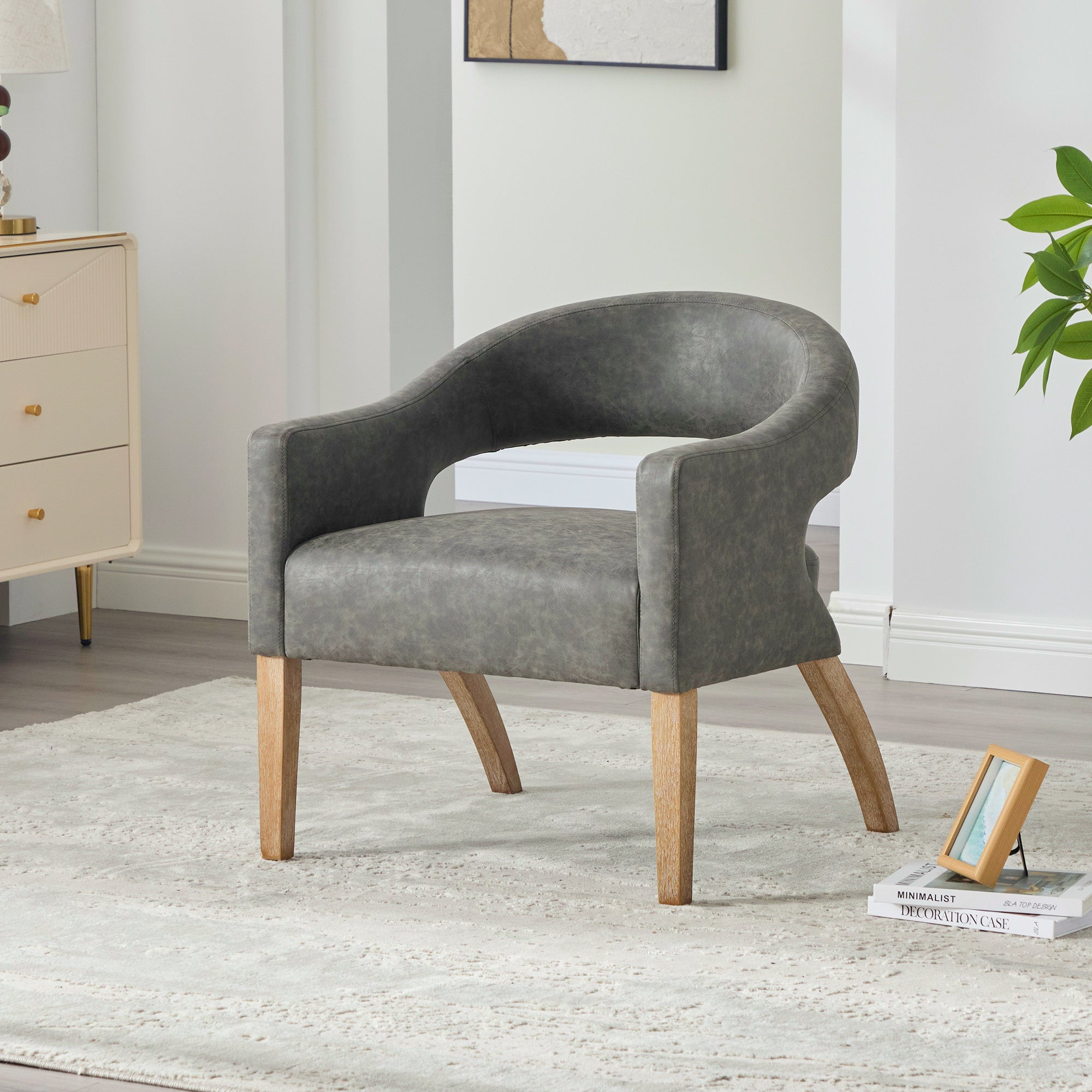 Mid-Century Modern Vegan Leather Open Back Accent Chair with Rubberwood Legs