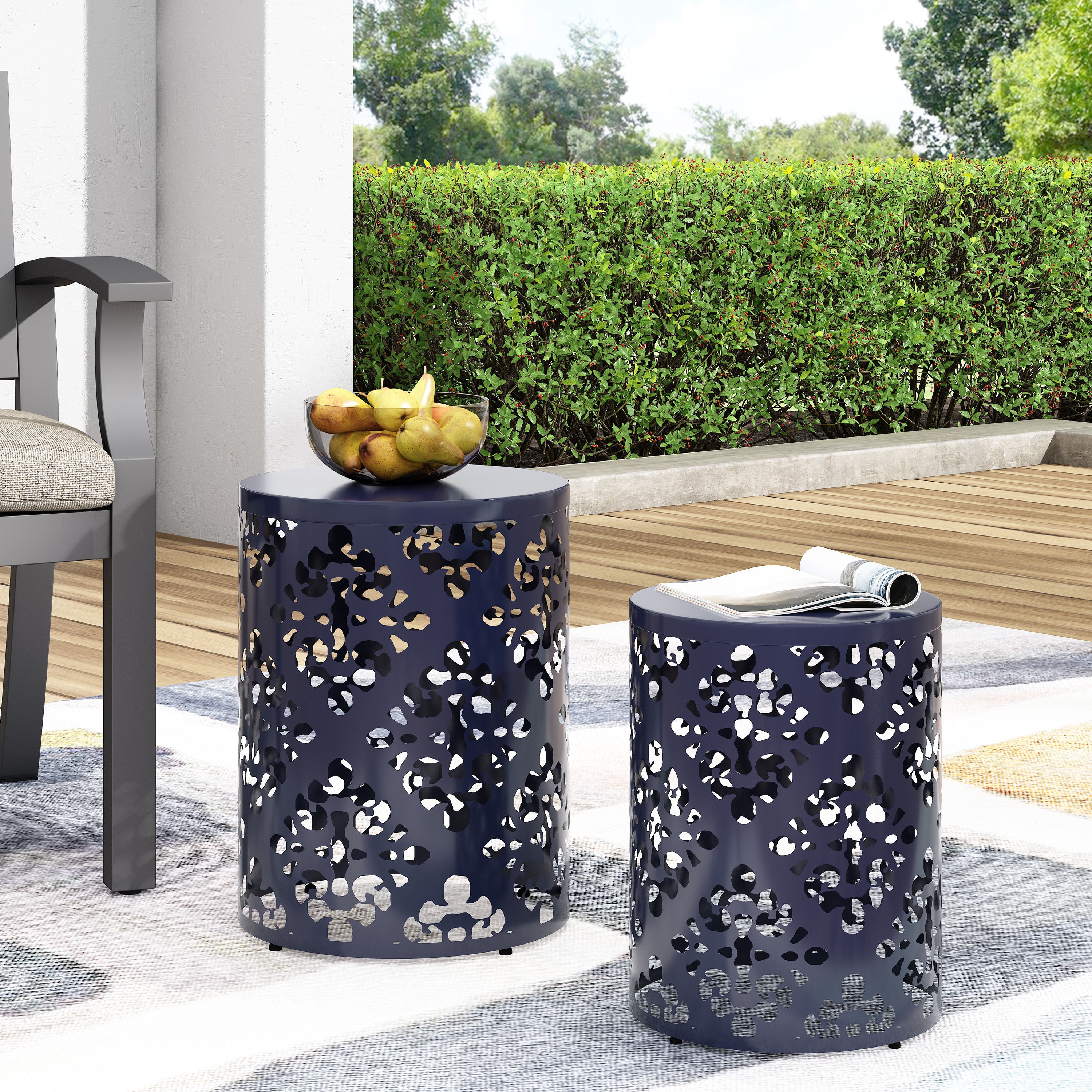 Refinery 2-Piece Outdoor End Table Set with Floral Patten and Iron Cut Design