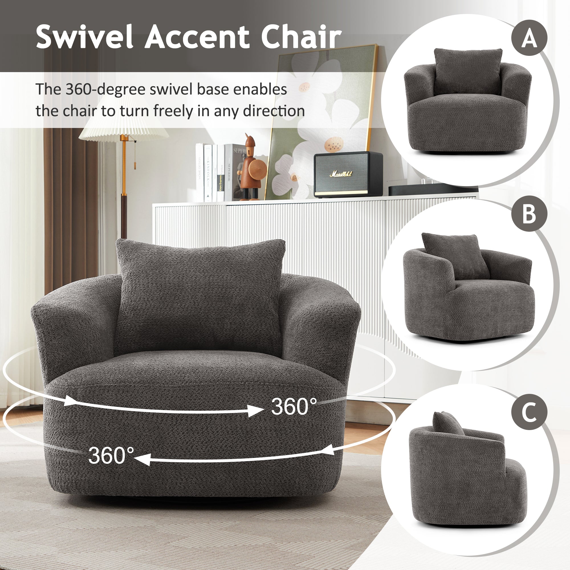 360° Swivel Barrel Chenille Upholstered Accent Chair with Throw Pillow