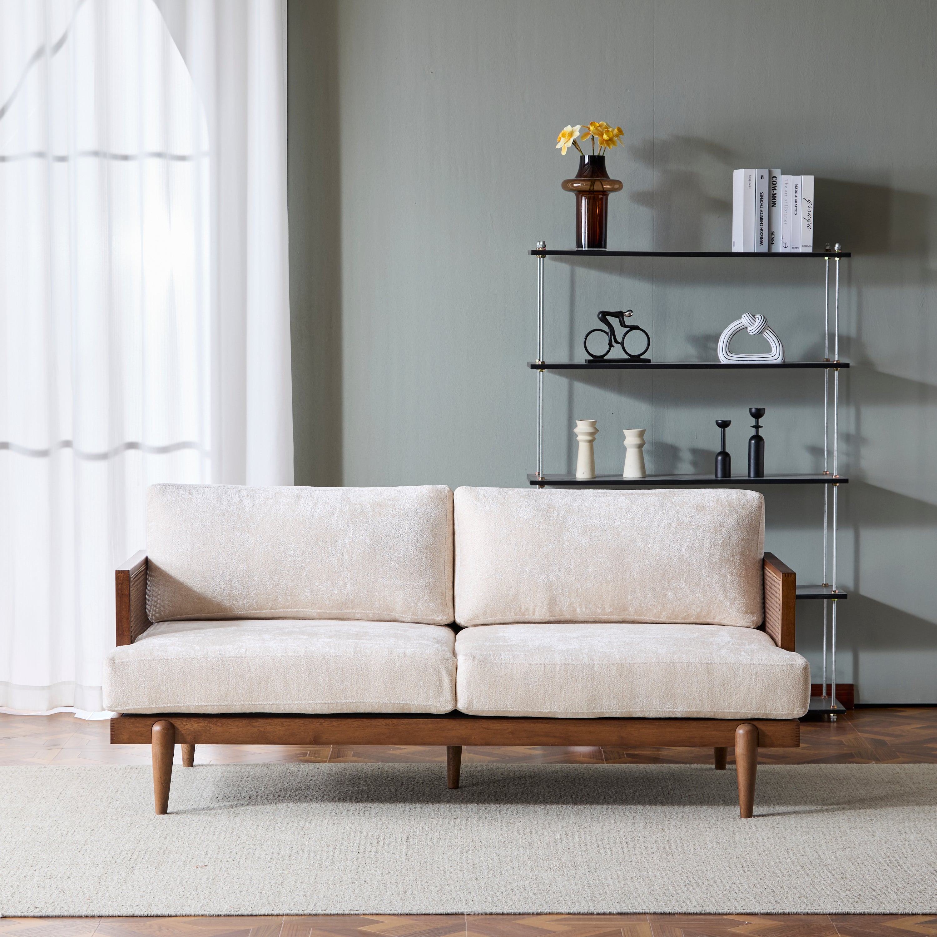 3-Seater Sofa with Cane Rattan and Wooden Frame