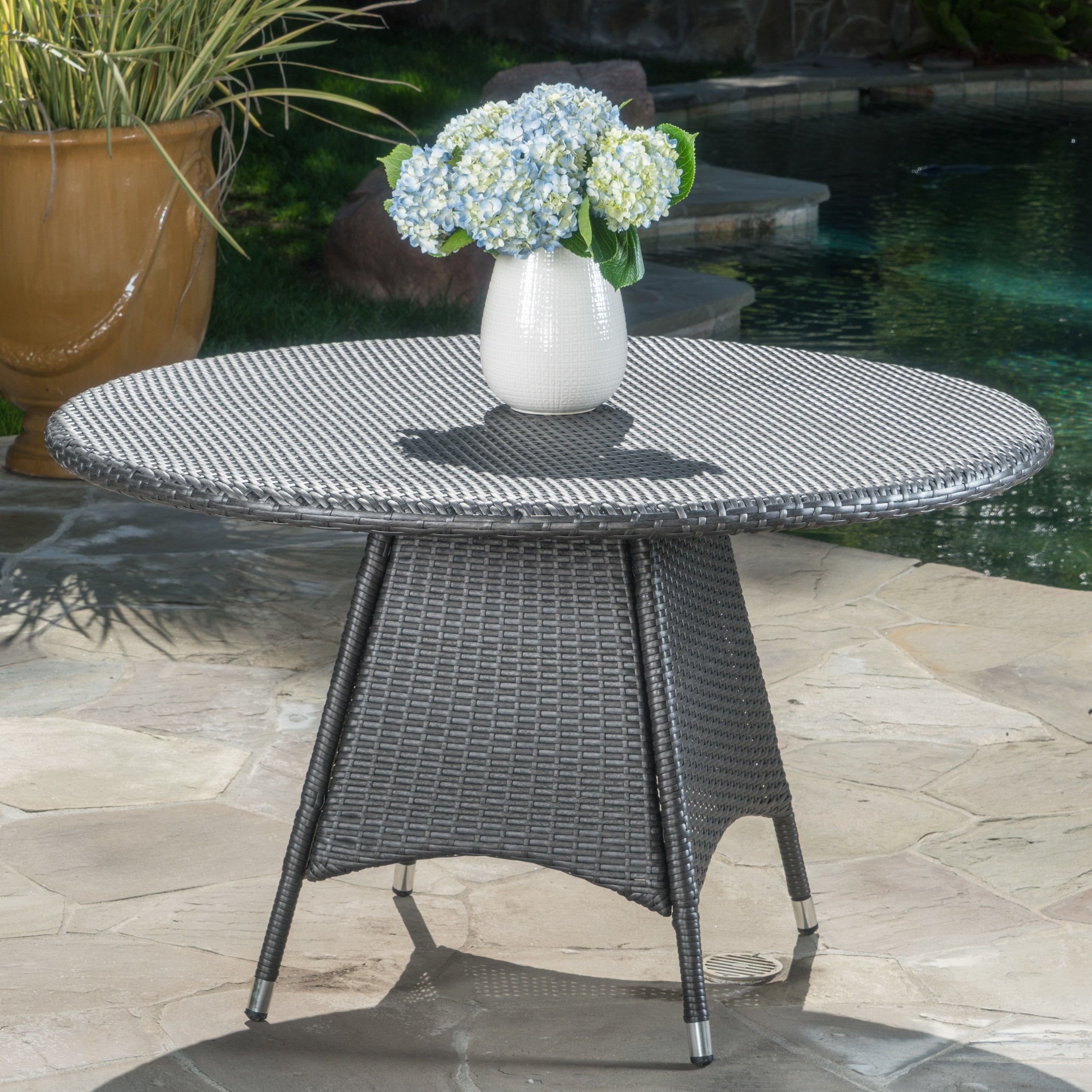 Corsica Round Dining Table, Brown Wicker With Powder Coated Iron Frame