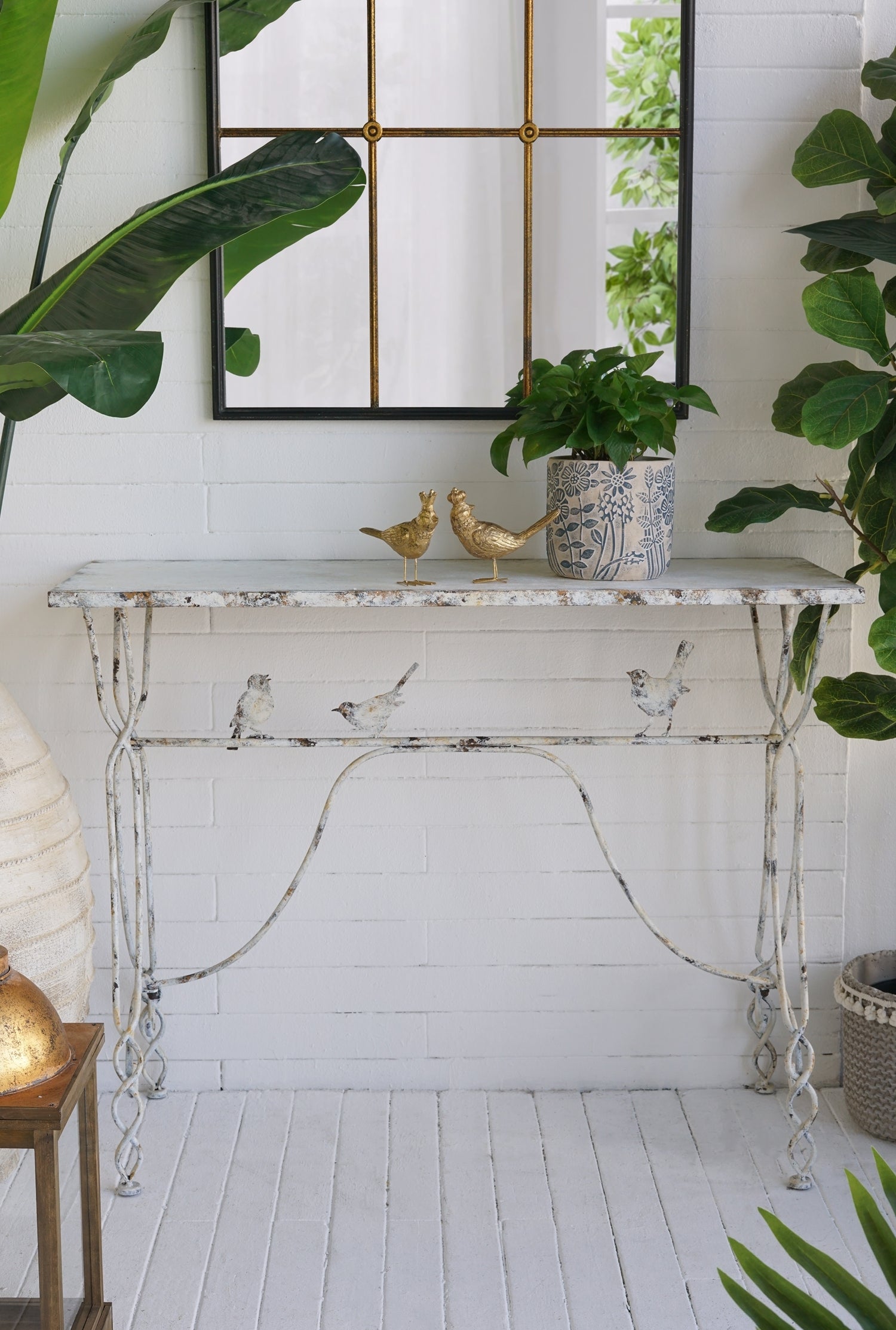 Distressed Silver Finish Whimsical Iron Bird Perch Console Table