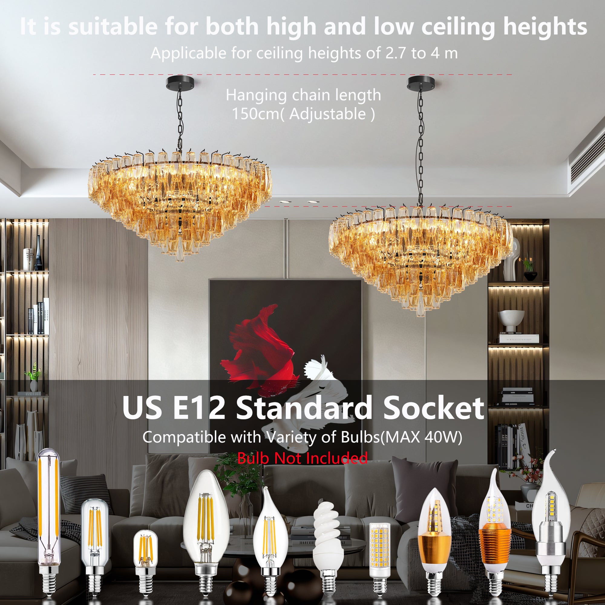 37" Extra Large Chandelier, 14-Light Gold Modern Round Chandelier for Living Room, Tiered Smoke Blown Glass Brass Chandeliers, Hanging Light Fixture for Bedroom, Dining Room, Foyer, Entryway